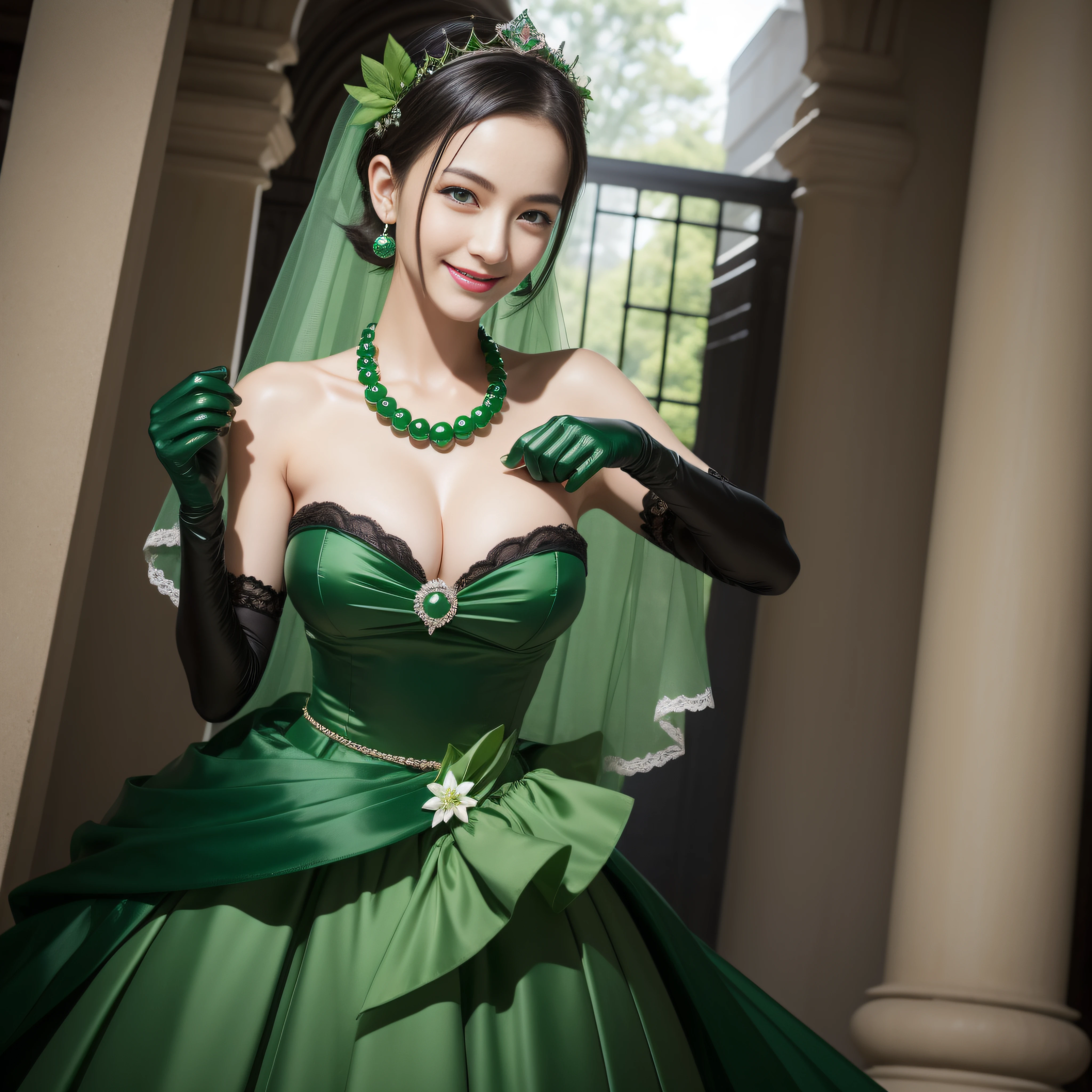Boyish very short black hair, lipsticks, Japan woman smiling, Green Long Grove, Long green gloves made of satin material, lipsticks, Japan woman smiling, Satin green long gloves, Green Pearl Necklace, verd s eyes, Green eyes, Long green gloves made of satin material, big breasts beautiful, Green Bridal Veil, Emerald Earrings, Green dress, Boyish very short black hair, Make a clenched fist, emerald tiara, Green eyes