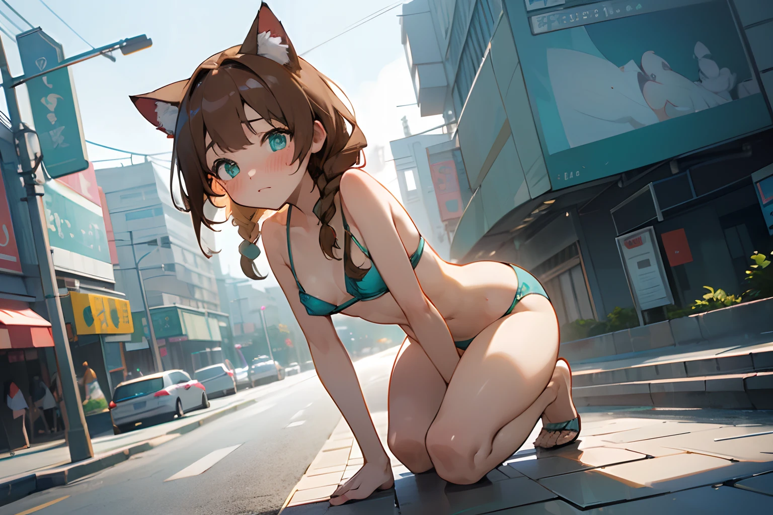 (Textured skin, two Braids, shy and full blush face, aqua eyes, Best Quality,8k), ((Masterpiece)), (High Definition:1.3), Beautiful,(Masterpiece), Beautiful photo, cute and crouch down, Crowded urban intersection、1girl, Slender small breasts, cat ears, light brown hair、Cute Beautiful Girl、Small bikini
