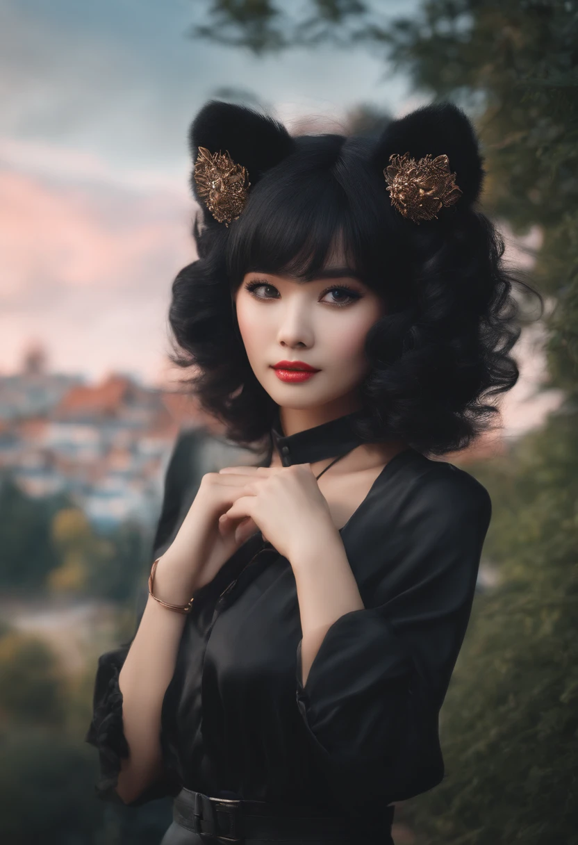 black hair, hair bobbles, wince, longeyelashes, solid circle eyes, fake animal ears, light smile, ear blush, fang, Surrealism, drop shadow, anaglyph, stereogram, tachi-e, pov, atmospheric perspective, 8k, super detail, ccurate, best quality