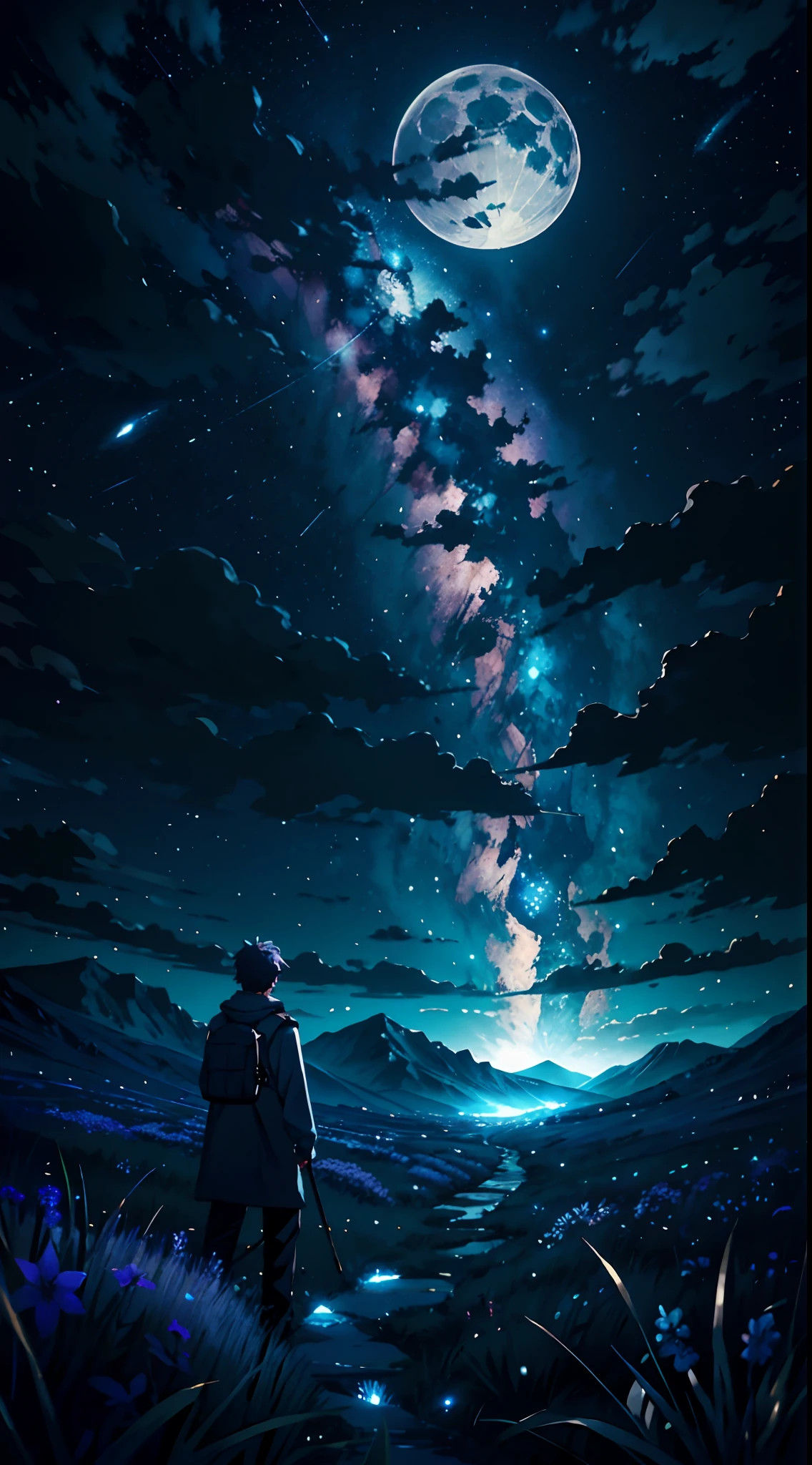 Vast landscape photos、(View from below with a view of the sky and the wilderness below)、grass field、(fullmoon:1.2)、(shooting stars:0.9)、(nebulas:1.3)、mountain in the distance、Tree Break Production Art、(Cool light source:1.2)、Purple and blue、intricate detailes、Volume Lighting BREAK (masterpiece:1.2)、(top-quality)、4K、ultra-detailliert、(The composition of the movement:1.4)、ighly detailed、(Glowing lighting、Atmospheric illumination)、dream-like、Magical、No people、the blue moon、Person Small