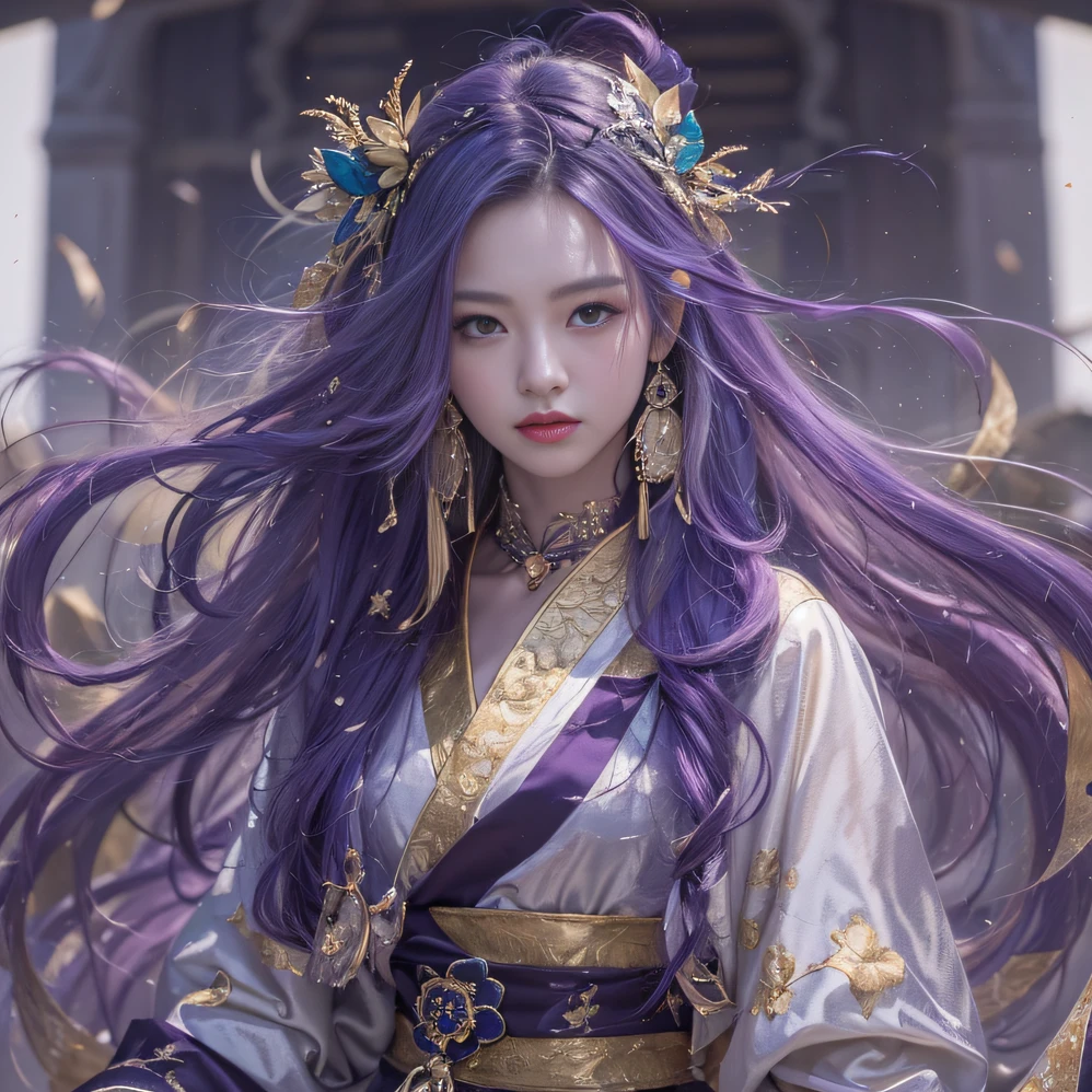 Genki Girl 32K(tmasterpiece,k hd,hyper HD,32K)Long flowing bright purple hair,Autumn Pond,zydink, a color, Asian people (Genki girl), (Silk scarf), Combat posture, looking at the ground, long whitr hair, Floating bright purple, Fire cloud pattern gold tiara, Chinese long-sleeved gold silk garment, (Abstract metaverse splash:1.2), white backgrounid,Lotus vitality protector(realisticlying:1.4),Bright purple hair,Smoke on the road,The background is pure, A high resolution, the detail, RAW photogr, Sharp Re, Nikon D850 Film Stock Photo by Jefferies Lee 4 Kodak Portra 400 Camera F1.6 shots, Rich colors, ultra-realistic vivid textures, Dramatic lighting, Unreal Engine Art Station Trend, cinestir 800,A girl with long flowing bright purple hair