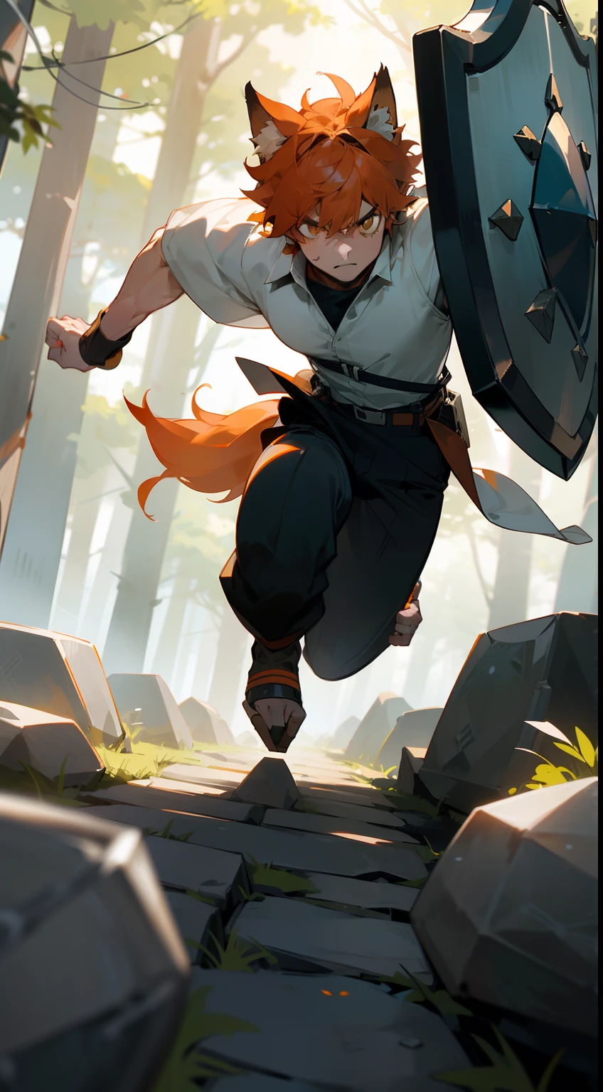 1boy,solo,20s,muscles,serious face,white shirt,black pants, Orange hair,short hair,yellow eyes,wolf ears,1wolf tail,hidden arms,(((running in front of a forest,stones around))),(((attacking holding 1shield))