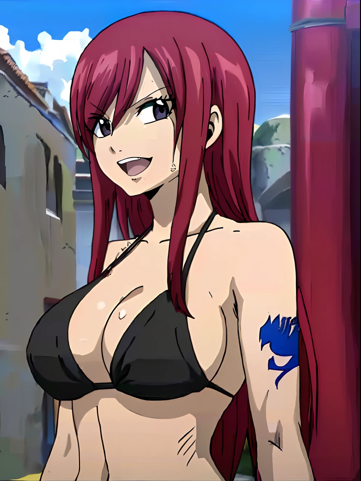 Scarlet erza, (tiny black bikini only), adult woman, big breasts, standing, cowboy shot, best quality, ((right shoulder)), slightly strong arms, looking at viewer, left shoulder tattoo, big smile, perfect body, feeling pain, open mouth