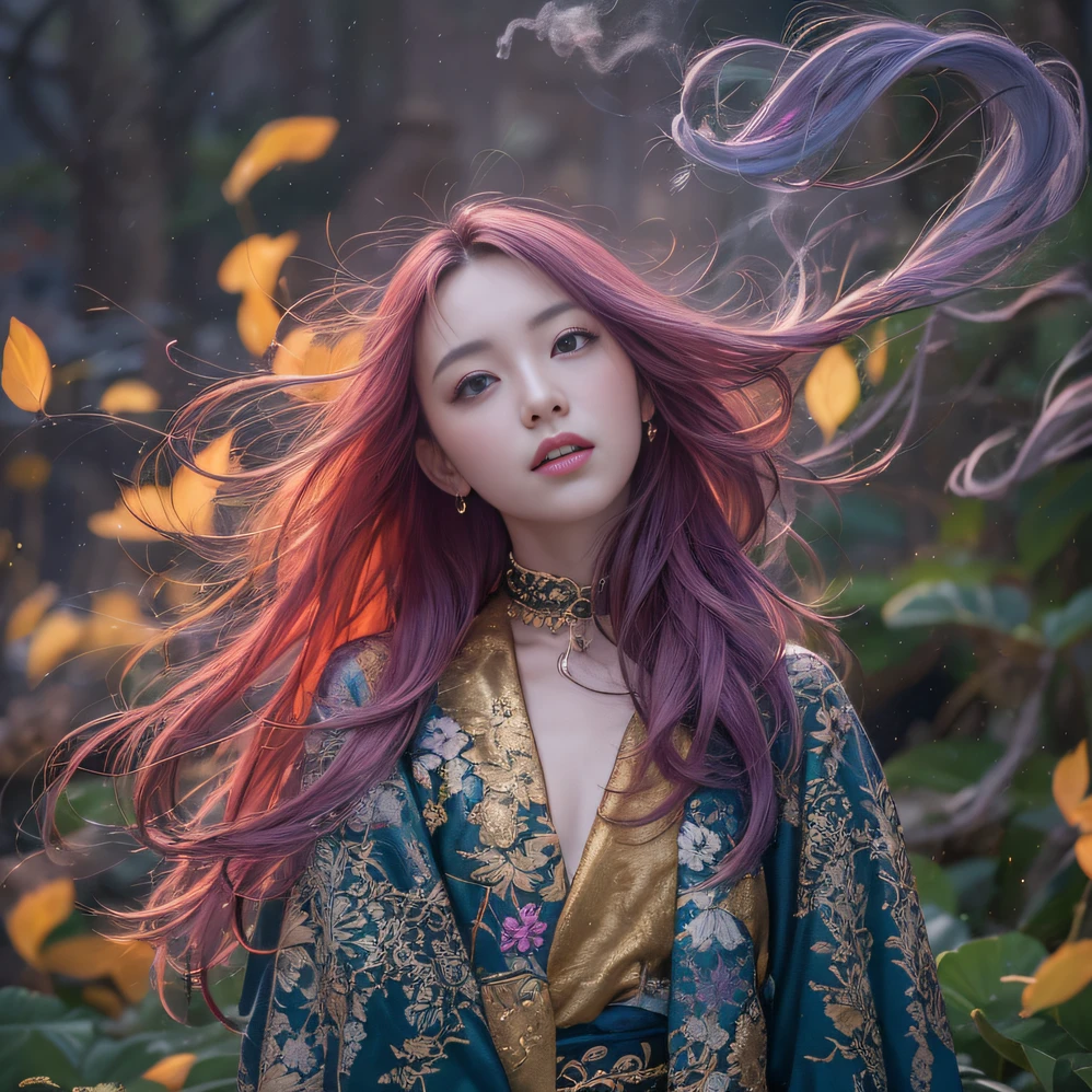 Genki Girl 32K（tmasterpiece，k hd，hyper HD，32K）Long flowing bright purple hair，Autumn Pond，zydink， a color， Asian people （Genki girl）， （Silk scarf）， Combat posture， looking at the ground， long whitr hair， Floating bright purple， Fire cloud pattern gold tiara， Chinese long-sleeved gold silk garment， （Abstract metaverse splash：1.2）， white backgrounid，Lotus vitality protector（realisticlying：1.4），Bright purple hair，Smoke on the road，The background is pure， A high resolution， the detail， RAW photogr， Sharp Re， Nikon D850 Film Stock Photo by Jefferies Lee 4 Kodak Portra 400 Camera F1.6 shots, Rich colors, ultra-realistic vivid textures, Dramatic lighting, Unreal Engine Art Station Trend, cinestir 800，A girl with long flowing bright purple hair