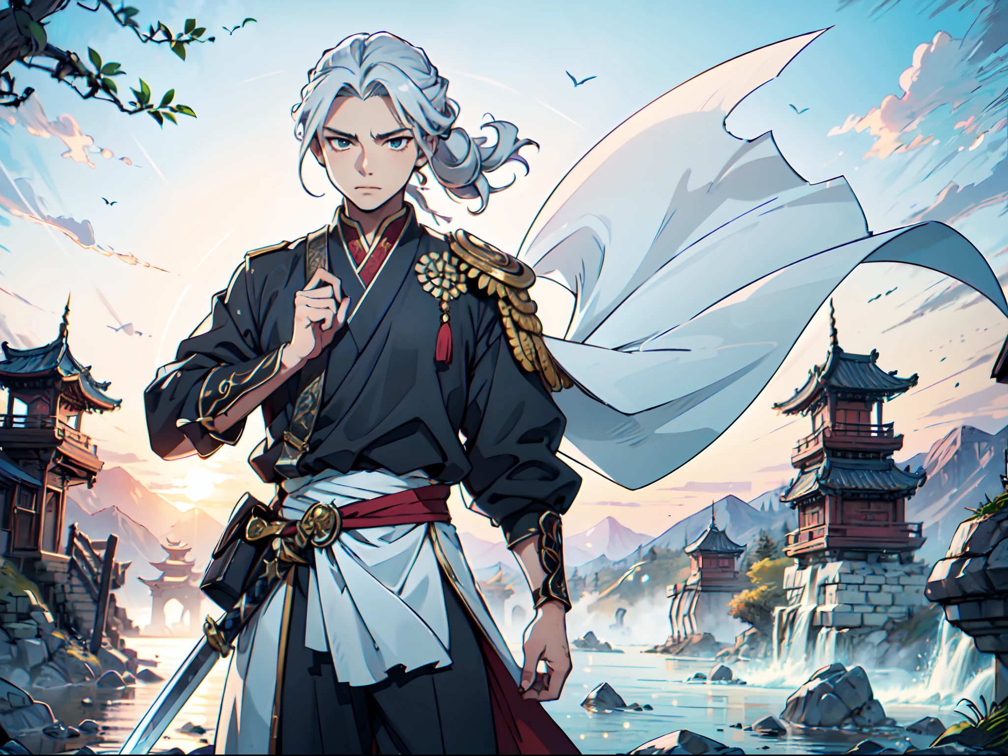 Ultra High Definition, Ultra High Quality, Extremely Detailed, Perfectly Detailed, Masterpiece, 8k, 1 Boy, Look A Like Xin From Kingdom Anime, Handsome, Equipped With Chinese Emperor Silk Clothes, Chrome White Eyes, Long Silver Hair Tied, Holding A Perfectly Detailed Mythical Sword, Full Body Shot, Masculine, Ancient Terrains Background