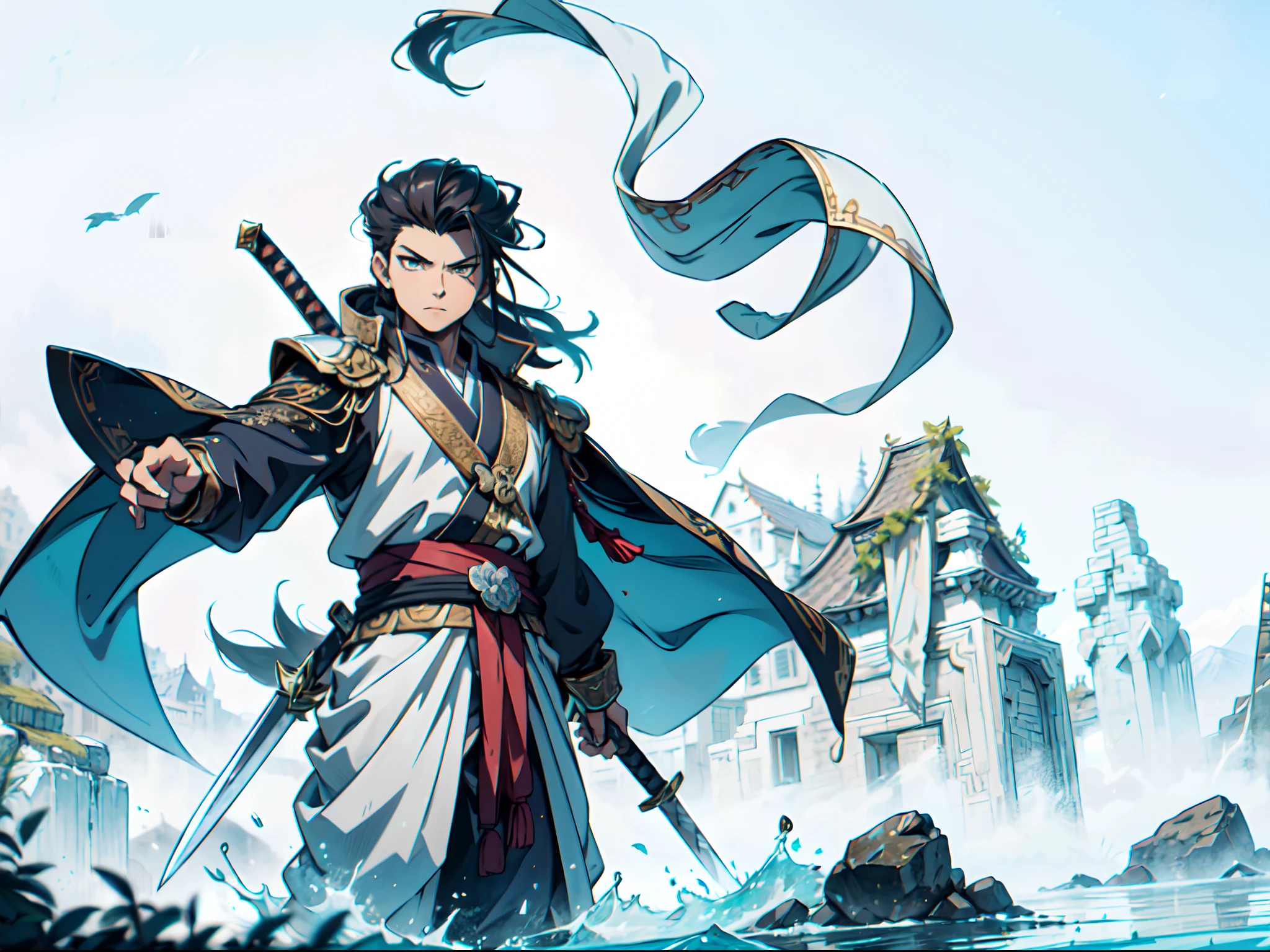 Ultra High Definition, Ultra High Quality, Extremely Detailed, Perfectly Detailed, Masterpiece, 8k, 1 Boy, Look A Like Xin From Kingdom Anime, Handsome, Equipped With Chinese Emperor Silk Clothes, Chrome White Eyes, Long Silver Hair Tied, Holding A Perfectly Detailed Mythical Sword, Full Body Shot, Masculine, Ancient Terrains Background