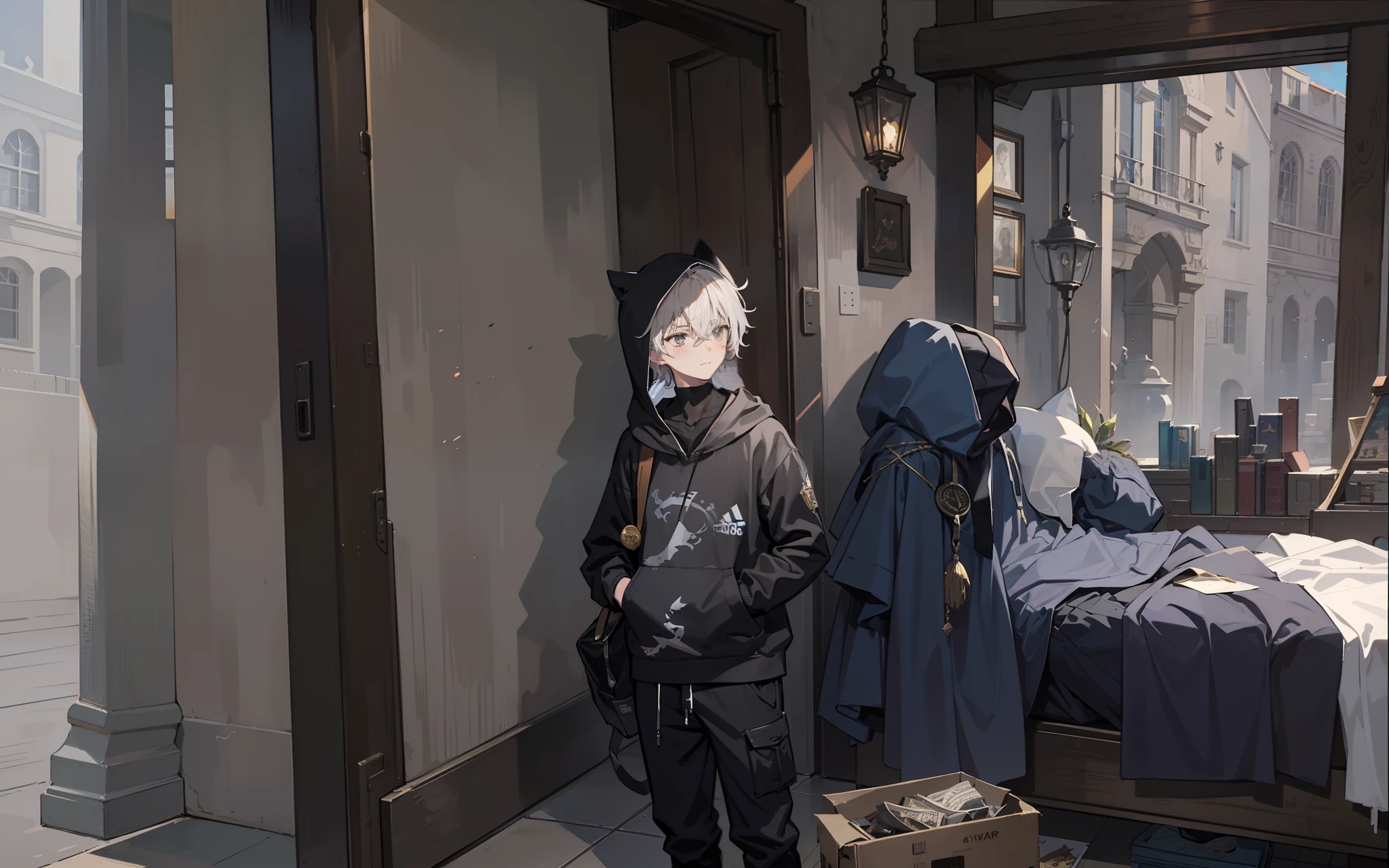 (AS-Young:1.1), (1boy:1.3), (male focus:1.3), (solo:1.1), solo focus,
masterpiece, ((exquisite_detail)), illustration, (handsome), extremely_detailed_CG,
grey eyes, golden hair,black skin
short shorts, Hogwart dorm background,
black hoodie, (hood up:1.1), ravenclaw logo, standing, cat ears, (cargo pants:1.1), lace-up boots,
blush, (bulge:1.1), (adidas:1.0), long sleeves, raven claw wear, Hogwart interior