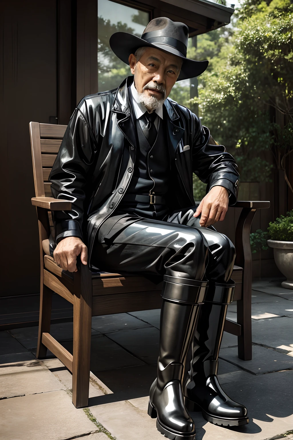 Old gentleman with a goatee,sit on chair,Show off his boots,Black high-gloss rain boots, 8K分辨率,Wallpaper masterpiece,Best quality,Highly meticulous,Ultra high quality,The midday sun is a bit dazzling。