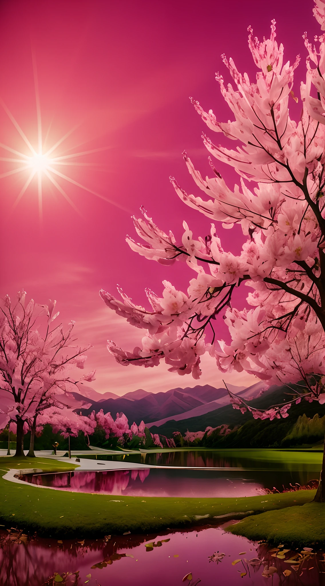 There are many pink flowers on the trees by the water, cerejeiras em flor, sakura trees, Lush Sakura Trees, pink tree next to a large lake, cherry trees, sakura tree in background, pink trees, Cereja, floresta de flores de cerejeira, Cerejeira em flor, cherry-blossom-tree, flor de cerejeira, cerejeiras em flor, Temporada Sakura, cerejeira no fundo