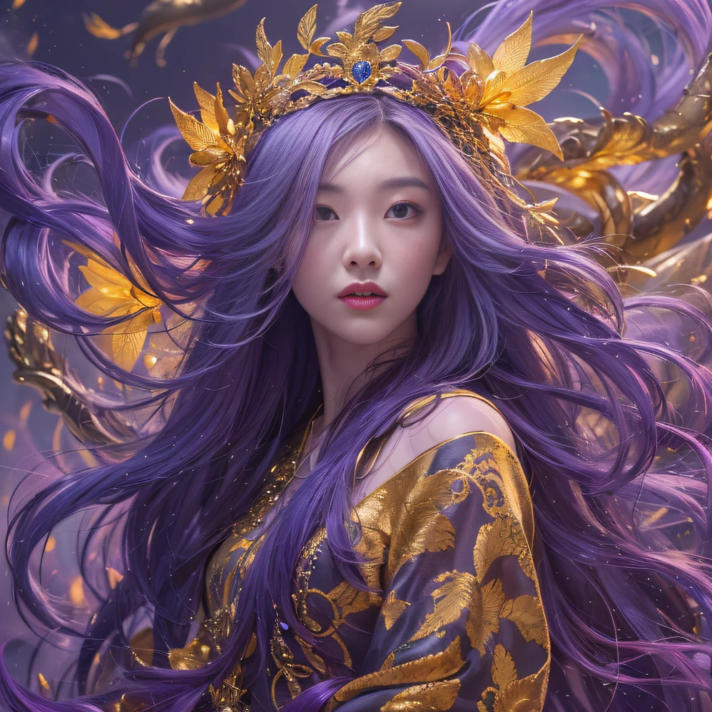 Genki Girl 32K（tmasterpiece，k hd，hyper HD，32K）Long flowing bright purple hair，Autumn Pond，zydink， a color， Asian people （Genki girl）， （Silk scarf）， Combat posture， looking at the ground， long whitr hair， Floating bright purple， Fire cloud pattern gold tiara， Chinese long-sleeved gold silk garment， （Abstract metaverse splash：1.2）， white backgrounid，Lotus vitality protector（realisticlying：1.4），Bright purple hair，Smoke on the road，The background is pure， A high resolution， the detail， RAW photogr， Sharp Re， Nikon D850 Film Stock Photo by Jefferies Lee 4 Kodak Portra 400 Camera F1.6 shots, Rich colors, ultra-realistic vivid textures, Dramatic lighting, Unreal Engine Art Station Trend, cinestir 800，A girl with long flowing bright purple hair