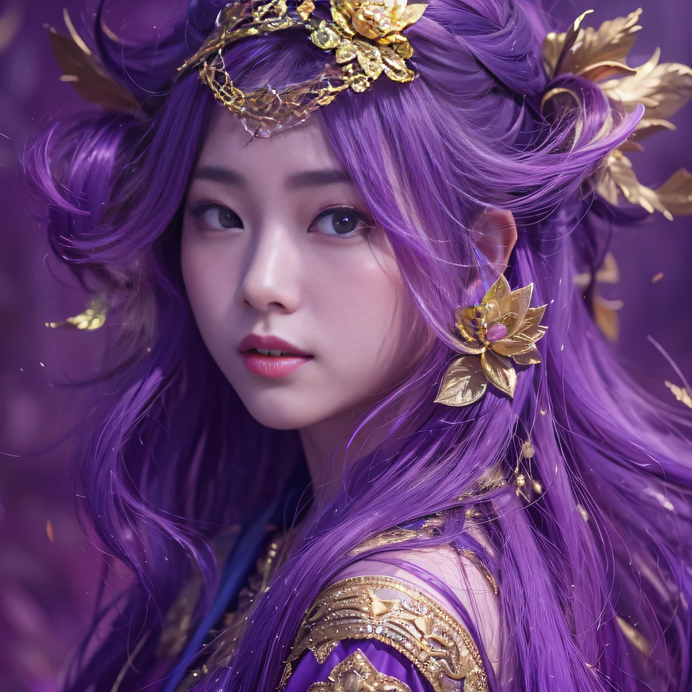 Genki Girl 32K（tmasterpiece，k hd，hyper HD，32K）Long flowing bright purple hair，Autumn Pond，zydink， a color， Asian people （Genki girl）， （Silk scarf）， Combat posture， looking at the ground， long whitr hair， Floating bright purple， Fire cloud pattern gold tiara， Chinese long-sleeved gold silk garment， （Abstract metaverse splash：1.2）， white backgrounid，Lotus vitality protector（realisticlying：1.4），Bright purple hair，Smoke on the road，The background is pure， A high resolution， the detail， RAW photogr， Sharp Re， Nikon D850 Film Stock Photo by Jefferies Lee 4 Kodak Portra 400 Camera F1.6 shots, Rich colors, ultra-realistic vivid textures, Dramatic lighting, Unreal Engine Art Station Trend, cinestir 800，A girl with long flowing bright purple hair