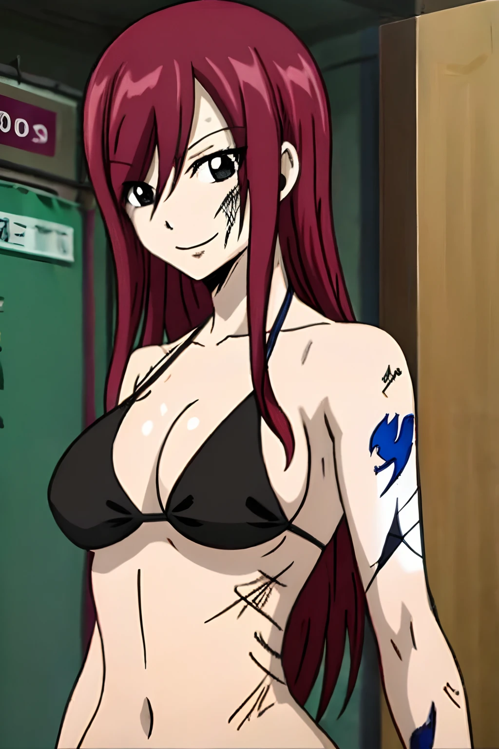 Scarlet erza, (tiny black bikini only), adult woman, big breasts, standing, cowboy shot, best quality, ((right shoulder)), slightly strong arms, looking at viewer, left shoulder tattoo, big smile, perfect body, injured, bandages