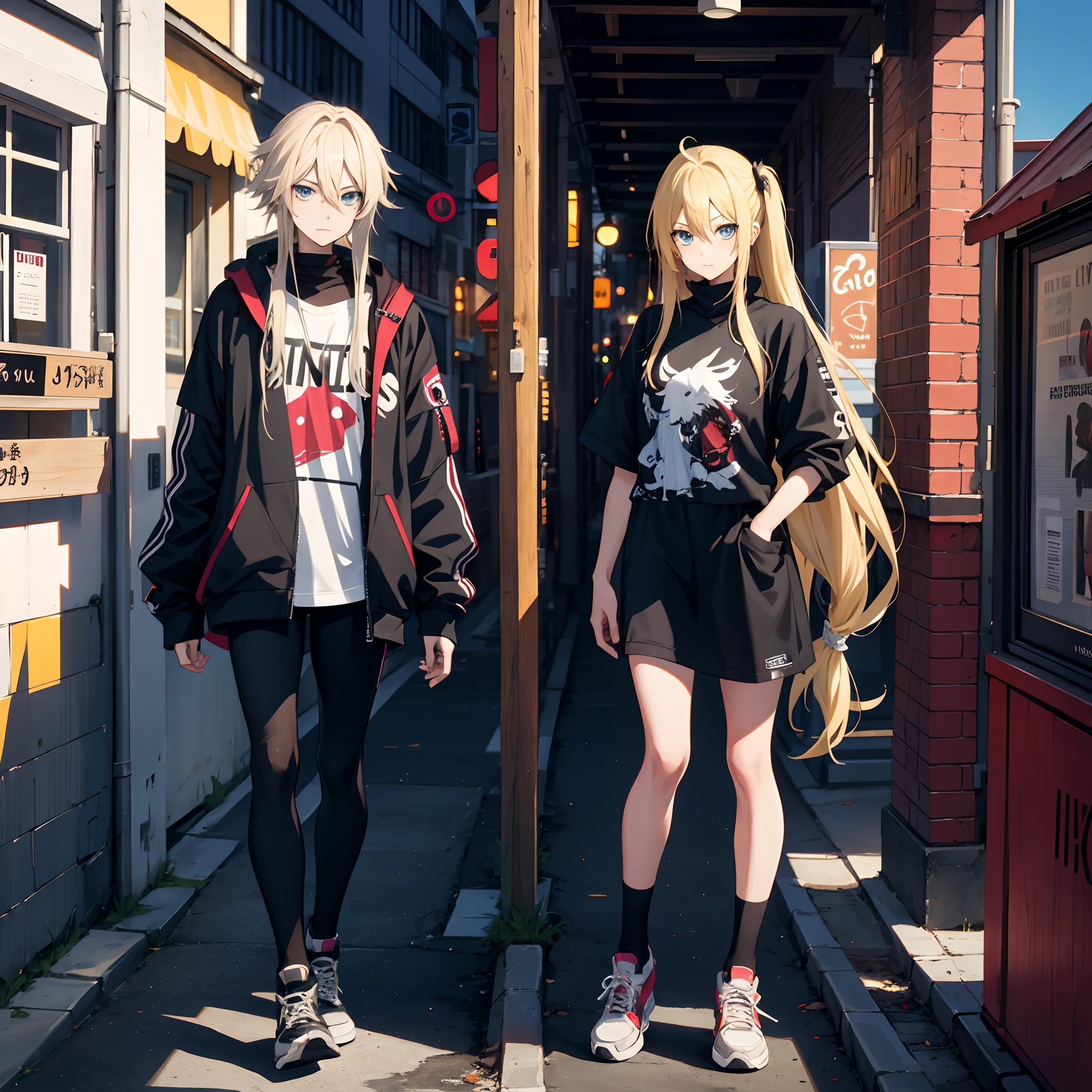 anime punk rock, 1 male character with long blonde hair ,1 female character, city, absurdres, high res, ultrasharp, masterpiece, looking at viewer