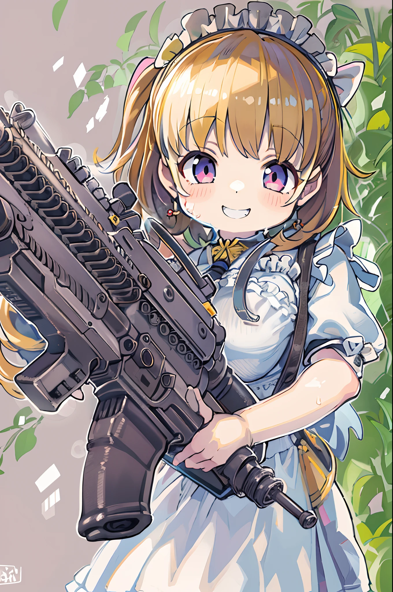 masutepiece, Best Quality, 1girl in, Empty eyes, Utsurome, maid, Smile,a child girl,Lori,(((Huge assault rifle)))