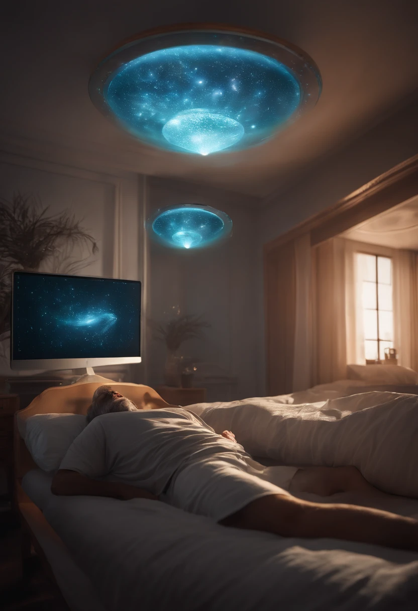 An extraterrestrial hospital to a man lying on a bed with a holographic laptop on it, holograma pairando em torno dela, quality astral projection rendering, the image is futuristic, cinematic hologram, fios de energia no ar, tecnologia do futuro, Holographic projection, um holograma, floating dust particles, um quarto cristalino, transparent holographic being, sofas vibrating and melting