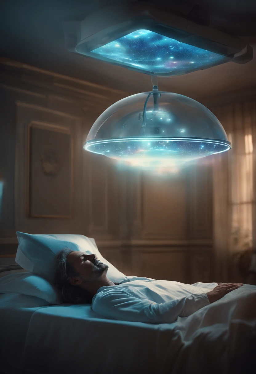 An extraterrestrial hospital to a man lying on a bed with a holographic laptop on it, holograma pairando em torno dela, quality astral projection rendering, the image is futuristic, cinematic hologram, fios de energia no ar, tecnologia do futuro, Holographic projection, um holograma, floating dust particles, um quarto cristalino, transparent holographic being, sofas vibrating and melting