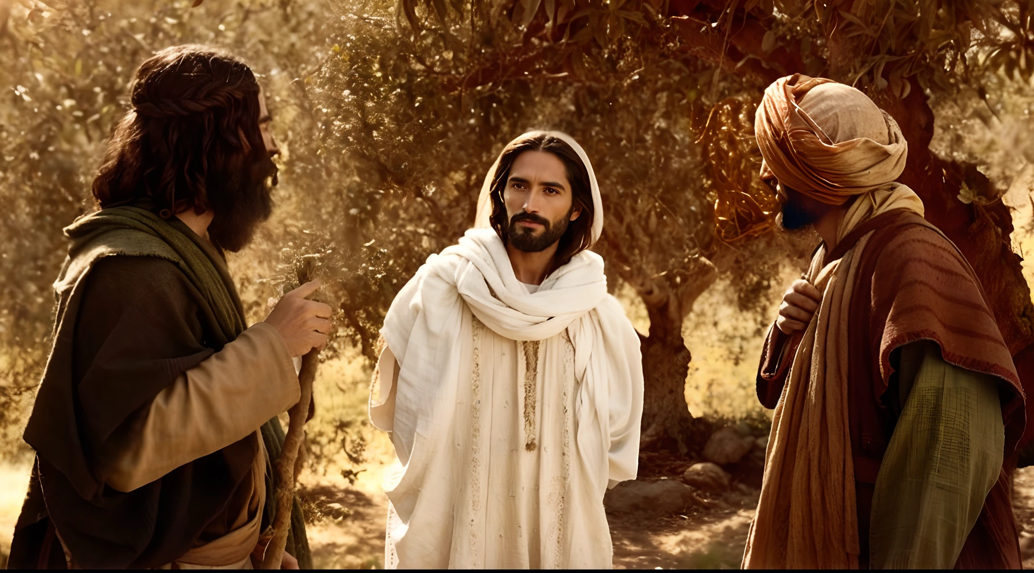 Modern portrait of Jesus and his disciples together on a fruit tree, cinematic lighthing, profundidade de campo, Bokeh, Realismo, fotorrealista, hiper-realismo, fotografia profissional, UHD, DSLR, HDR