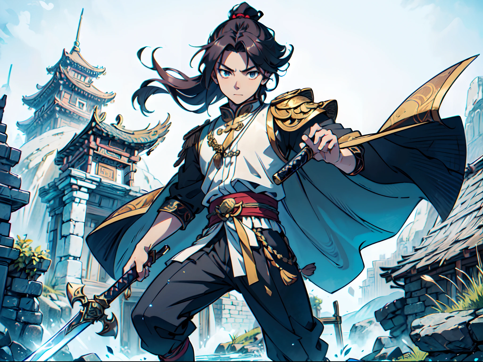 Ultra High Definition, Ultra High Quality, Extremely Detailed, Perfectly Detailed, Masterpiece, 8k, 1 Boy, Look A Like Xin From Kingdom Anime, Handsome, Equipped With Chinese Emperor Silk Clothes, Chrome White Eyes, Long Silver Hair Tied, Holding A Perfectly Detailed Mythical Sword, Full Body Shot, Masculine, Ancient Terrains Background