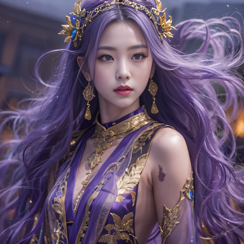 Genki Girl 32K(tmasterpiece,k hd,hyper HD,32K)Long flowing bright purple hair,Autumn Pond,zydink, a color, Asian people (Genki girl), (Silk scarf), Combat posture, looking at the ground, long whitr hair, Floating bright purple, Fire cloud pattern gold tiara, Chinese long-sleeved gold silk garment, (Abstract metaverse splash:1.2), white backgrounid,Lotus vitality protector(realisticlying:1.4),Bright purple hair,Smoke on the road,The background is pure, A high resolution, the detail, RAW photogr, Sharp Re, Nikon D850 Film Stock Photo by Jefferies Lee 4 Kodak Portra 400 Camera F1.6 shots, Rich colors, ultra-realistic vivid textures, Dramatic lighting, Unreal Engine Art Station Trend, cinestir 800,A girl with long flowing bright purple hair
