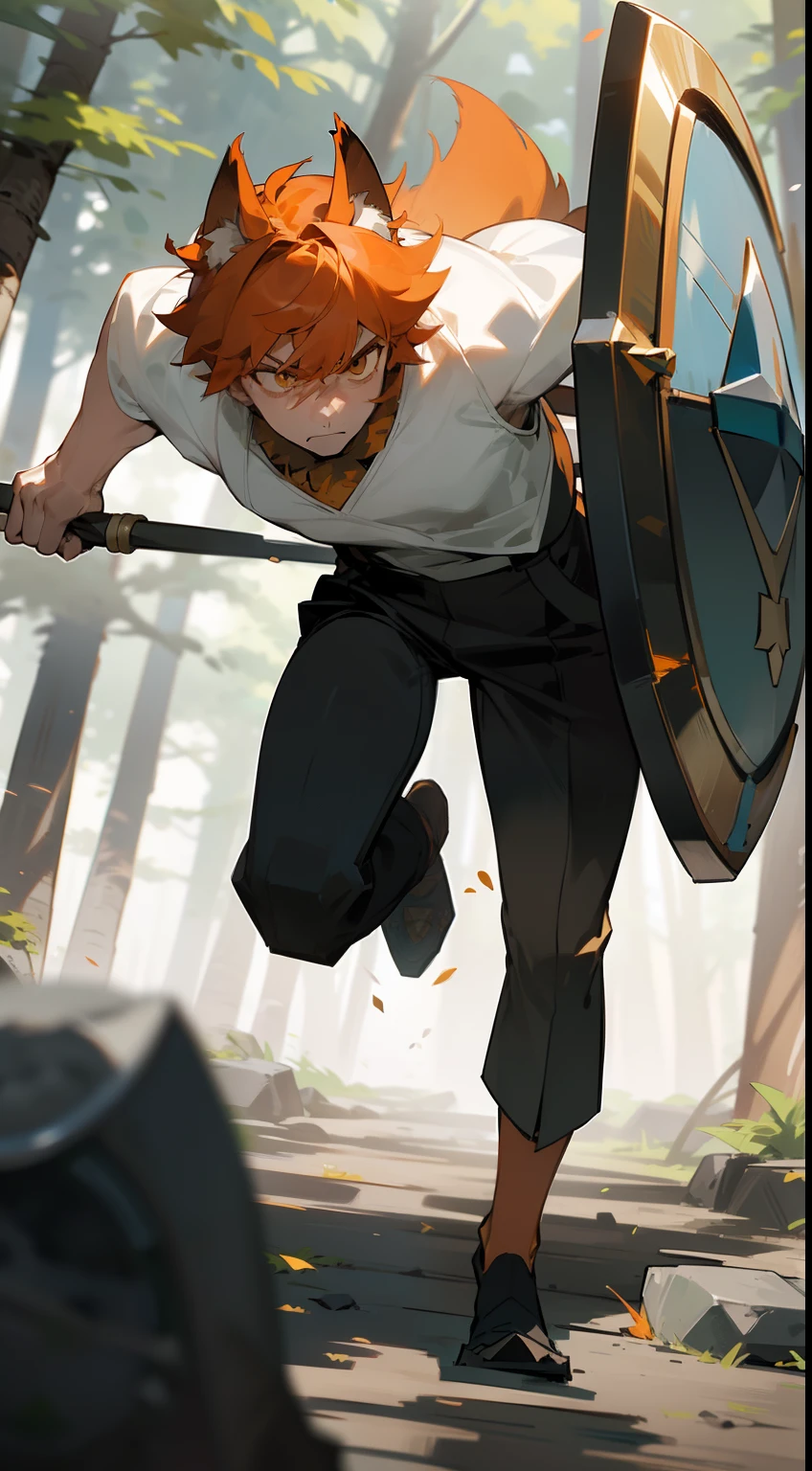 1boy,solo,20s,muscles,serious face,white shirt,black pants, Orange hair,short hair,yellow eyes,wolf ears,1wolf tail,hidden arms,(((running in front of a forest,stones around))),(((attacking holding 1shield))