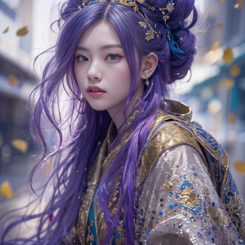 Genki Girl 32K（tmasterpiece，k hd，hyper HD，32K）Long flowing bright purple hair，Autumn Pond，zydink， a color， Asian people （Genki girl）， （Silk scarf）， Combat posture， looking at the ground， long whitr hair， Floating bright purple， Fire cloud pattern gold tiara， Chinese long-sleeved gold silk garment， （Abstract metaverse splash：1.2）， white backgrounid，Lotus vitality protector（realisticlying：1.4），Bright purple hair，Smoke on the road，The background is pure， A high resolution， the detail， RAW photogr， Sharp Re， Nikon D850 Film Stock Photo by Jefferies Lee 4 Kodak Portra 400 Camera F1.6 shots, Rich colors, ultra-realistic vivid textures, Dramatic lighting, Unreal Engine Art Station Trend, cinestir 800，A girl with long flowing bright purple hair