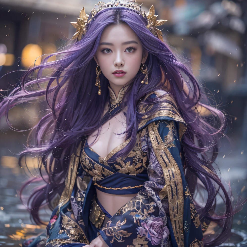 Genki Girl 32K(tmasterpiece,k hd,hyper HD,32K)Long flowing bright purple hair,Autumn Pond,zydink, a color, Asian people (Genki girl), (Silk scarf), Combat posture, looking at the ground, long whitr hair, Floating bright purple, Fire cloud pattern gold tiara, Chinese long-sleeved gold silk garment, (Abstract metaverse splash:1.2), white backgrounid,Lotus vitality protector(realisticlying:1.4),Bright purple hair,Smoke on the road,The background is pure, A high resolution, the detail, RAW photogr, Sharp Re, Nikon D850 Film Stock Photo by Jefferies Lee 4 Kodak Portra 400 Camera F1.6 shots, Rich colors, ultra-realistic vivid textures, Dramatic lighting, Unreal Engine Art Station Trend, cinestir 800,A girl with long flowing bright purple hair
