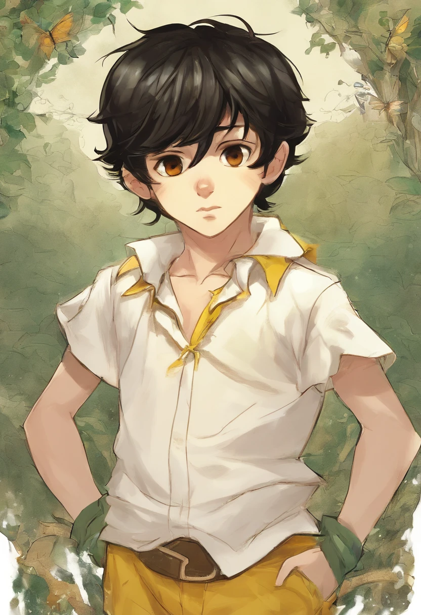 Boy, 8 years old, with curious brown eyes, black hair, colors, disney style yellow short -sleeved shirt and black shorts, in the white background, standing in a determined position to conquer the world