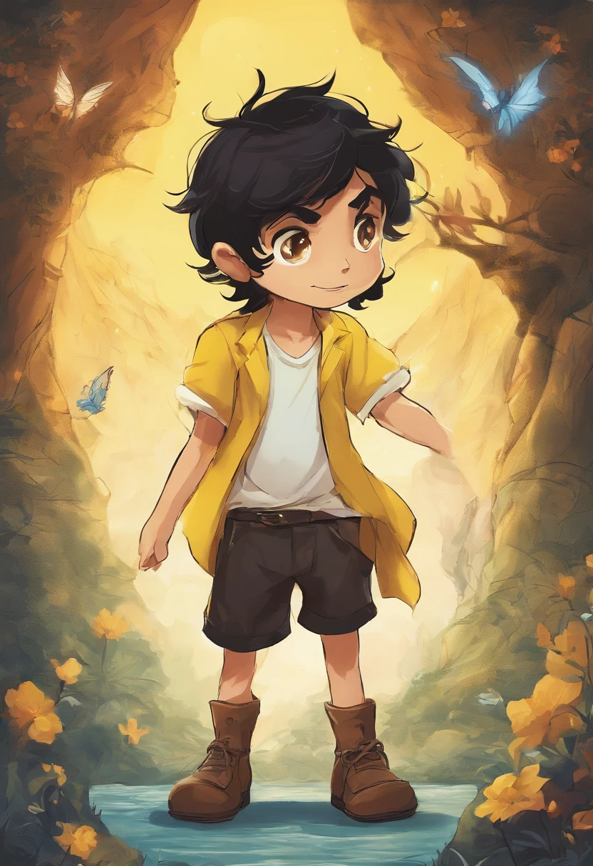Boy, 8 , with curious brown eyes, black hair, colors, disney style yellow short -sleeved shirt and black shorts, in the white background, standing in a determined position to conquer the world