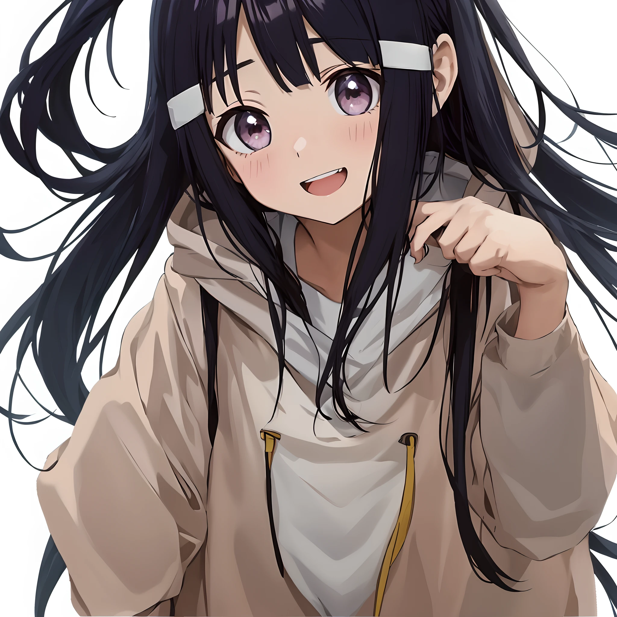 Big open mouth、Smiling mouth、Open mouth、one girls、Facing the front、Long black hair anime girl, black haired girl wearing hoodie, Hinata Hyuga, Anime visuals of cute girls, anime moe art style, Anime Best Girl, extremely cute anime girl face, an anime girl, (Anime Girl), cute natural anime face, young anime girl, (top-quality、8K、32K、masterpiece、nffsw:1.2)、