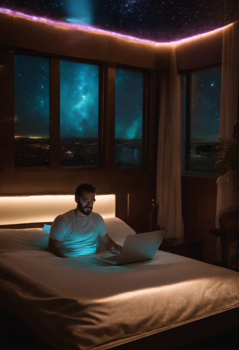 Extraterrestrial Medbed to a man lying on a bed with a holographic laptop on it, holograma pairando em torno dela, quality astral projection rendering, the image is futuristic, cinematic hologram, fios de energia no ar, tecnologia do futuro, Holographic projection, um holograma, floating dust particles, um quarto cristalino, transparent holographic being, sofas vibrating and melting