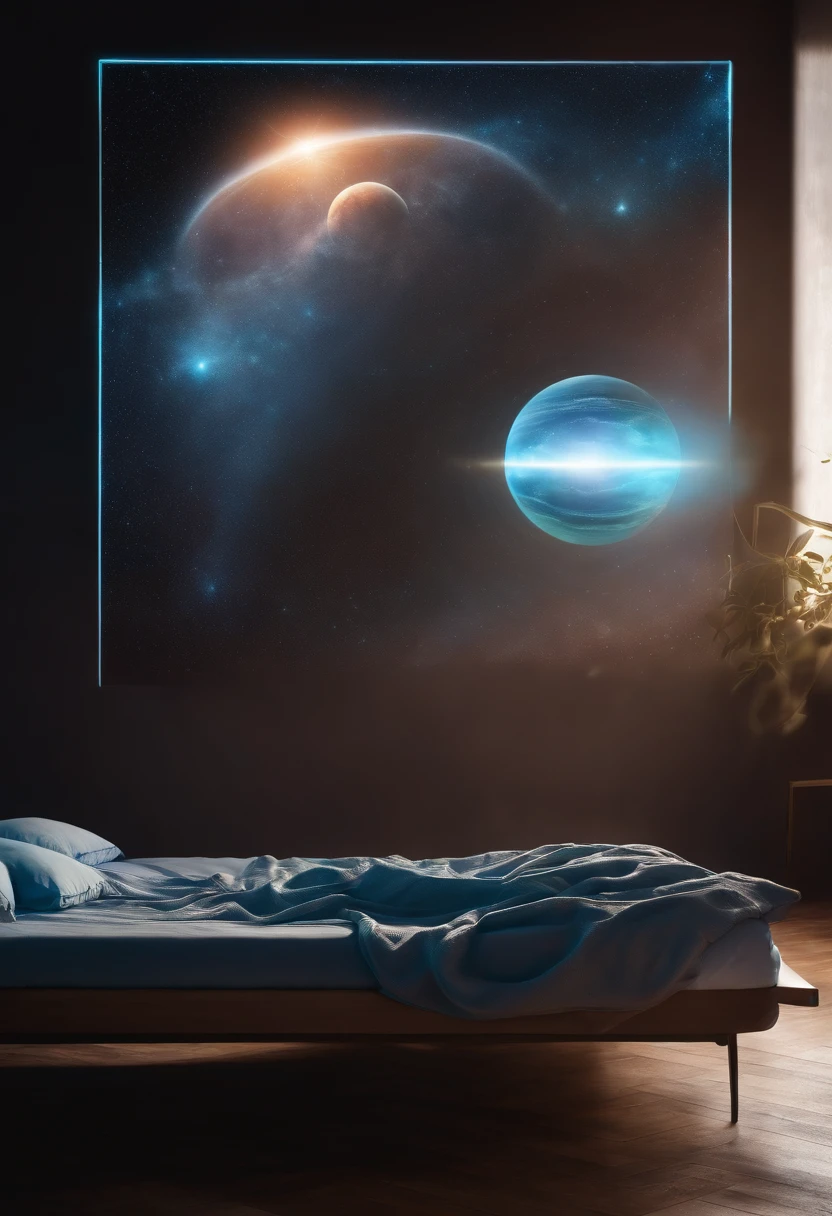 Extraterrestrial Medbed to a man lying on a bed with a holographic laptop on it, holograma pairando em torno dela, quality astral projection rendering, the image is futuristic, cinematic hologram, fios de energia no ar, tecnologia do futuro, Holographic projection, um holograma, floating dust particles, um quarto cristalino, transparent holographic being, sofas vibrating and melting