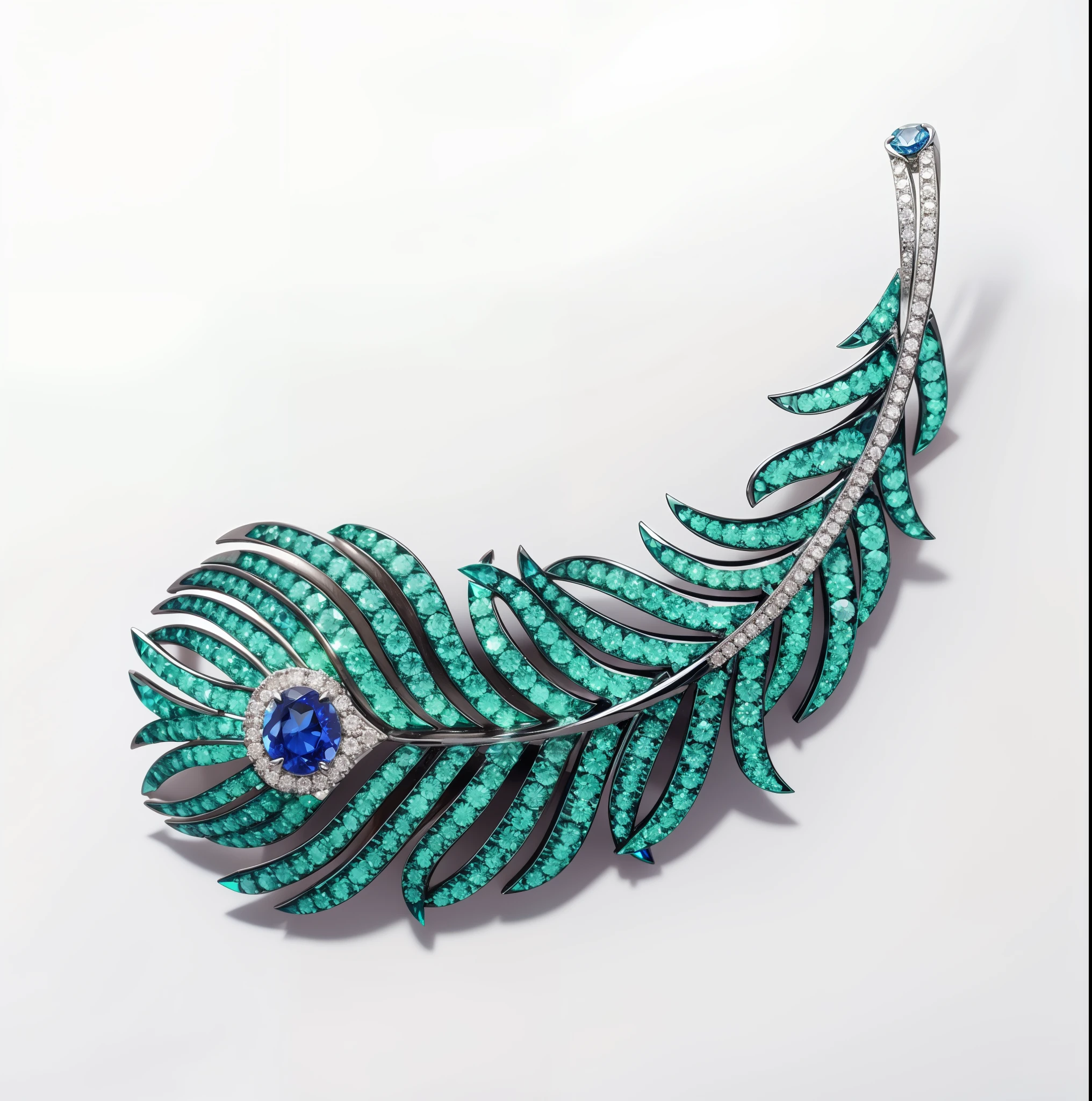 Round cut sapphire feather brooch,Set with green tsavorite、Diamonds and sapphires,Color titanium process,White background image,Feather background