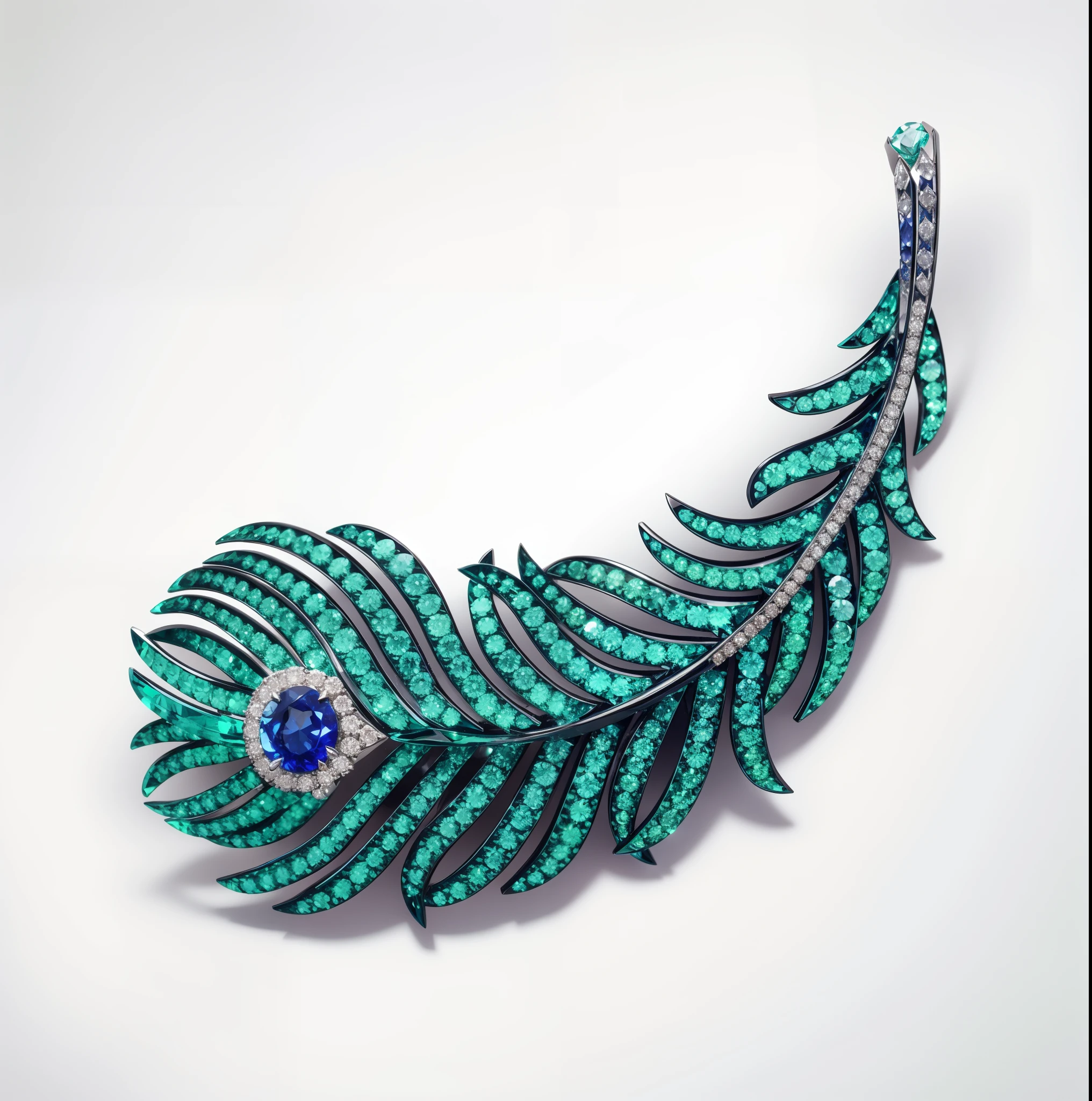Round cut sapphire feather brooch，Set with green tsavorite、Diamonds and sapphires，Color titanium process，White background image，Feather background