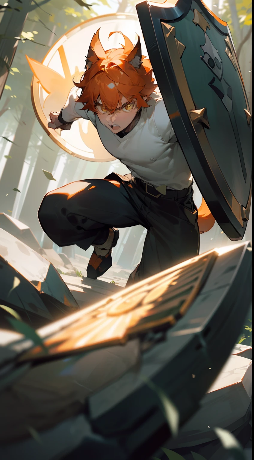 1boy,solo,20s,muscles,serious face,white shirt,black pants, Orange hair,short hair,yellow eyes,wolf ears,1wolf tail,hidden arms,(((running in front of a forest))),(((attacking holding an shield made 100% of stone)))
