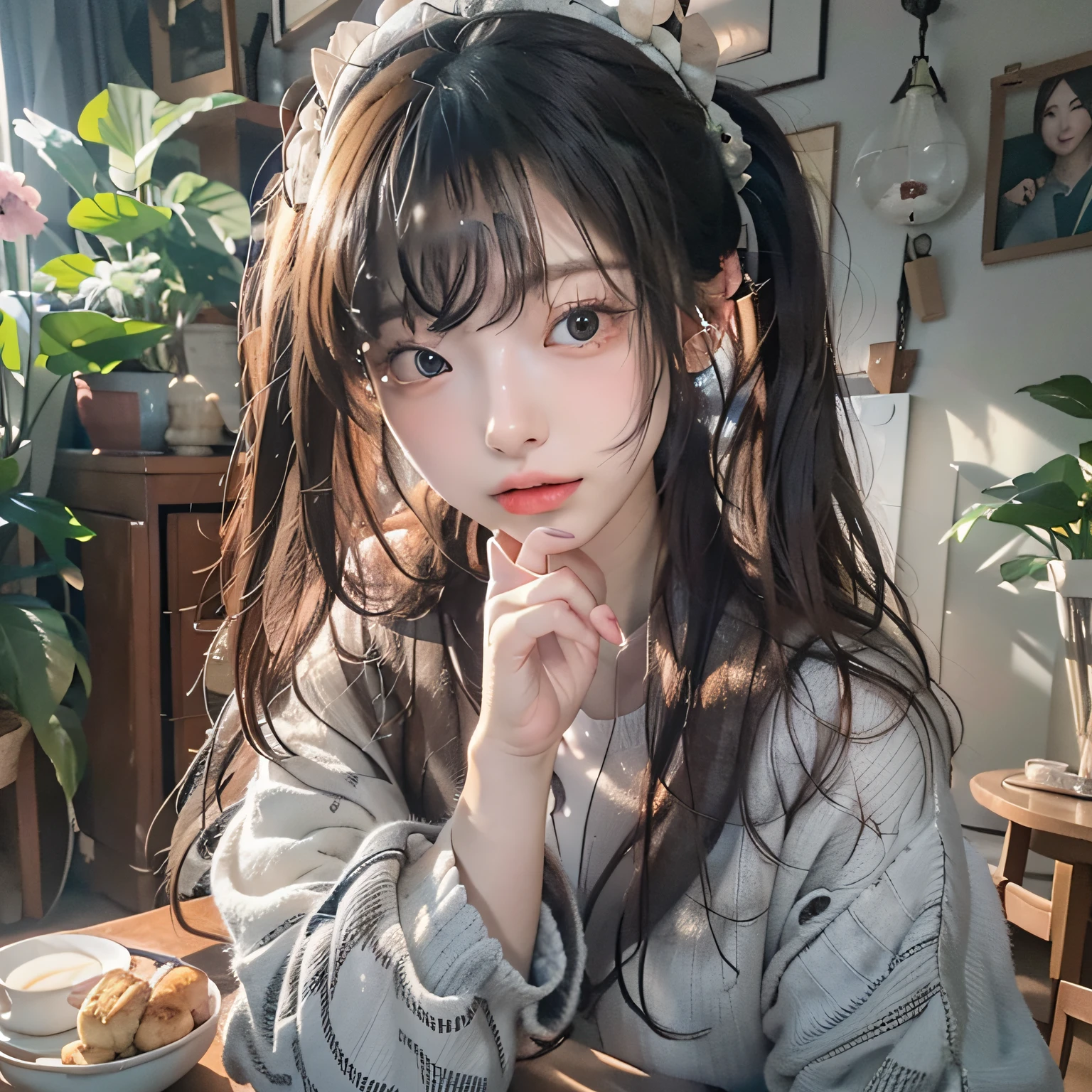 of the highest quality、8K、Photorealsitic:1.4、Raw photography、超A high resolution:1.4、Top image quality: 1.4、absurderes, master piece, Ultra-detailed、A hyper-realistic,1girl in 、Solo、japanaese girl、perfect anatomia、Anatomically correct fingers、in night、Sitting alone across from an empty dining table、Drinking tea in pajamas、Looking at Viewer、sleepy、Bun hair、head shot、Bulb light from above、