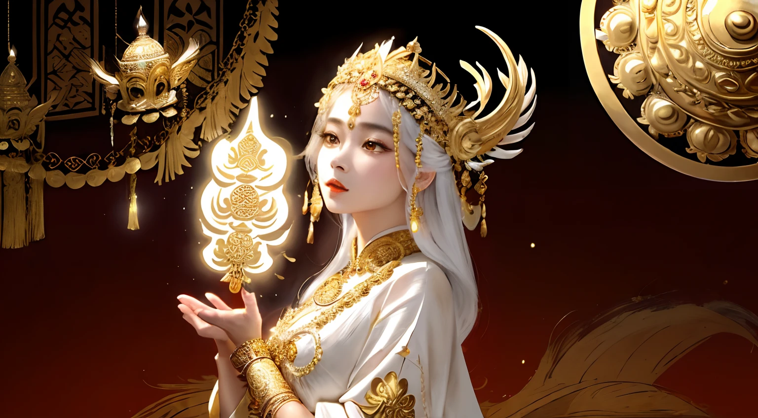 a close up of a woman in a sexy transparent gold lace armor gigantic cleavage breasts with a lotus flower in her hand, head jewelry, necklace , gold belt, a beautiful fantasy empress, ((a beautiful fantasy empress)), beautiful celestial mage, beautiful and elegant elf queen, beautiful character painting, full body xianxia, portrait knights of zodiac girl, by Yang J, g liulian art style, fantasy art style, foreshortening