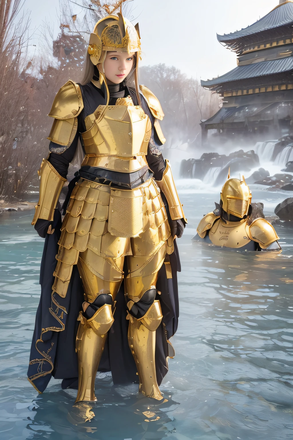best qualtiy、masutepiece、超A high resolution、(Photorealistic:1.4)、(Underwater face:1.4)、Being underwater with a snow monkey、 infp young woman、modeled、long legged、small head、a small face、blonde  hair、(Decorated night helmet covering the ears:1.2)、(Richly decorated golden full-body armor:1.5) 、Tight waist armor、(Falls Armor:1.9)、(Gold Crotch Protector:1.4)、Leg armor、Appearance without makeup、smil、(the perfect body:1.7)、Open-air bath in winter、float in the water、By Michelangelo