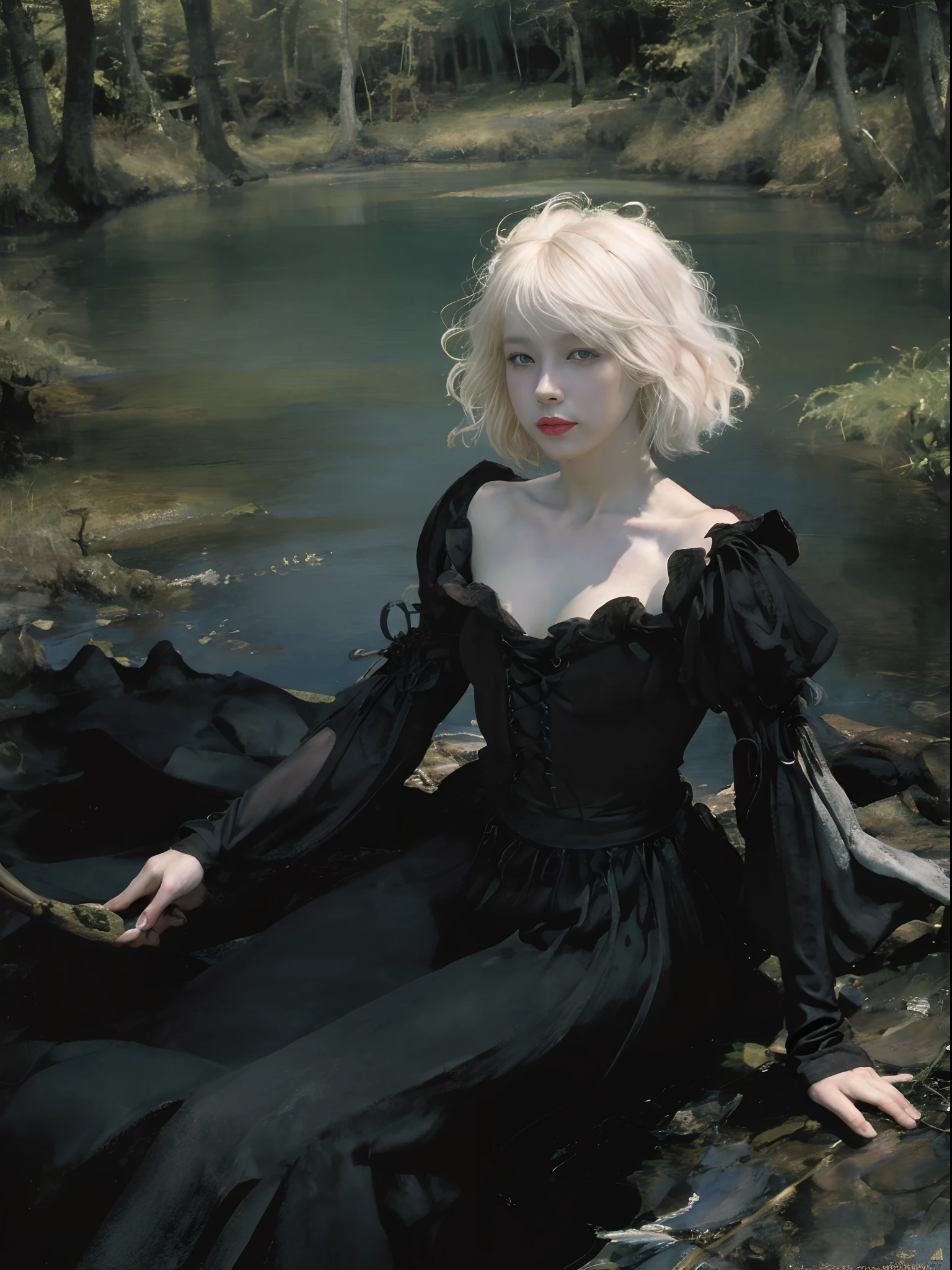 Top image quality、​masterpiece、Line art with ink、Arthur Rackham's style、Aerial perspective、thirds rule、Norse man１People Beautiful Girl、slightly smaller eyes、Pretty small face、Light makeup、Platinum blonde short hair、middlebreasts、big butts、slightly thicker legs、Black Gloves、Long Sleeve Gothic Dress、long  skirt、On the banks of the springs、the woods、borgar、cumulonimbus clouds