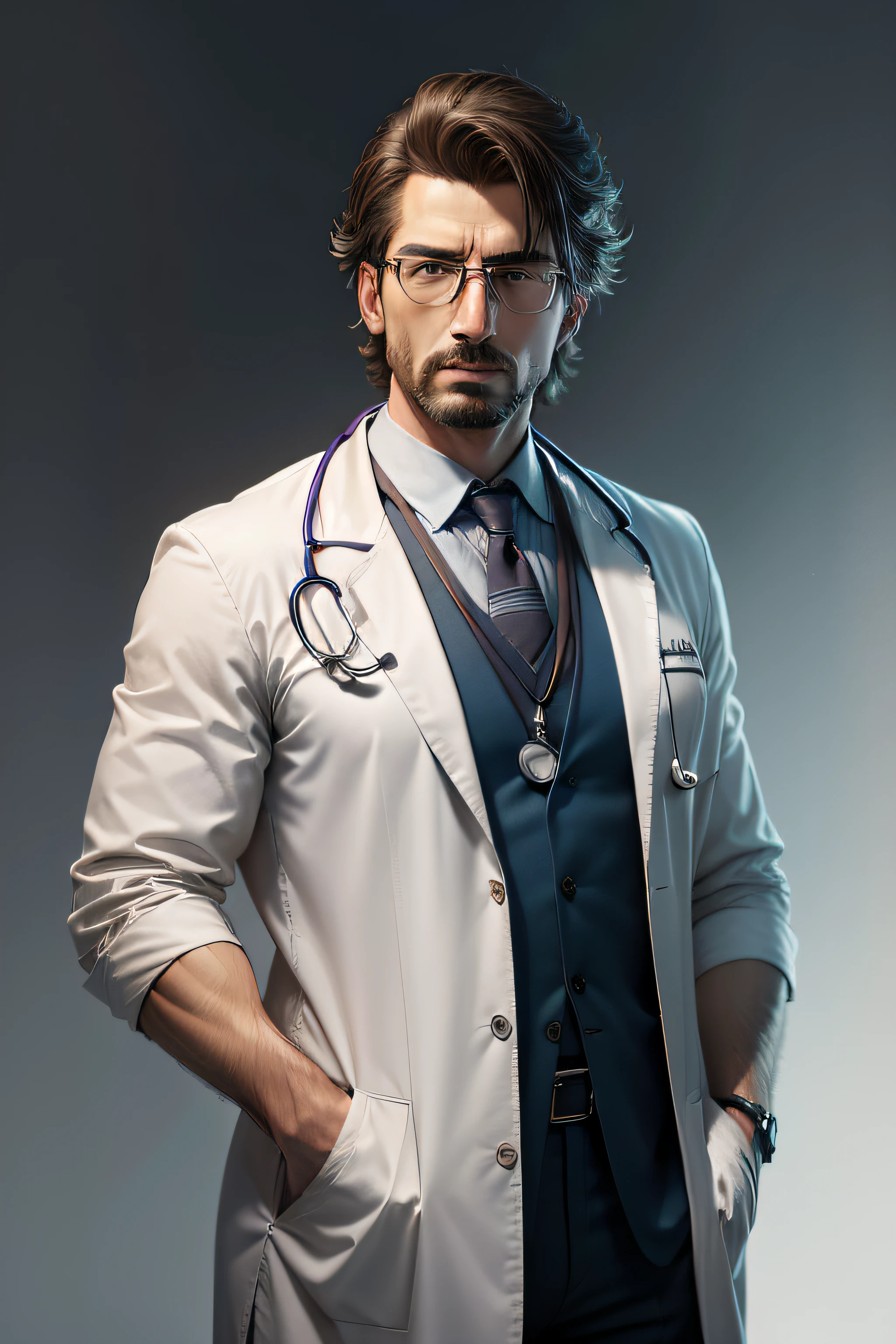 Realistic image of a doctor, de jaleco, charismatic, solid color backdrop