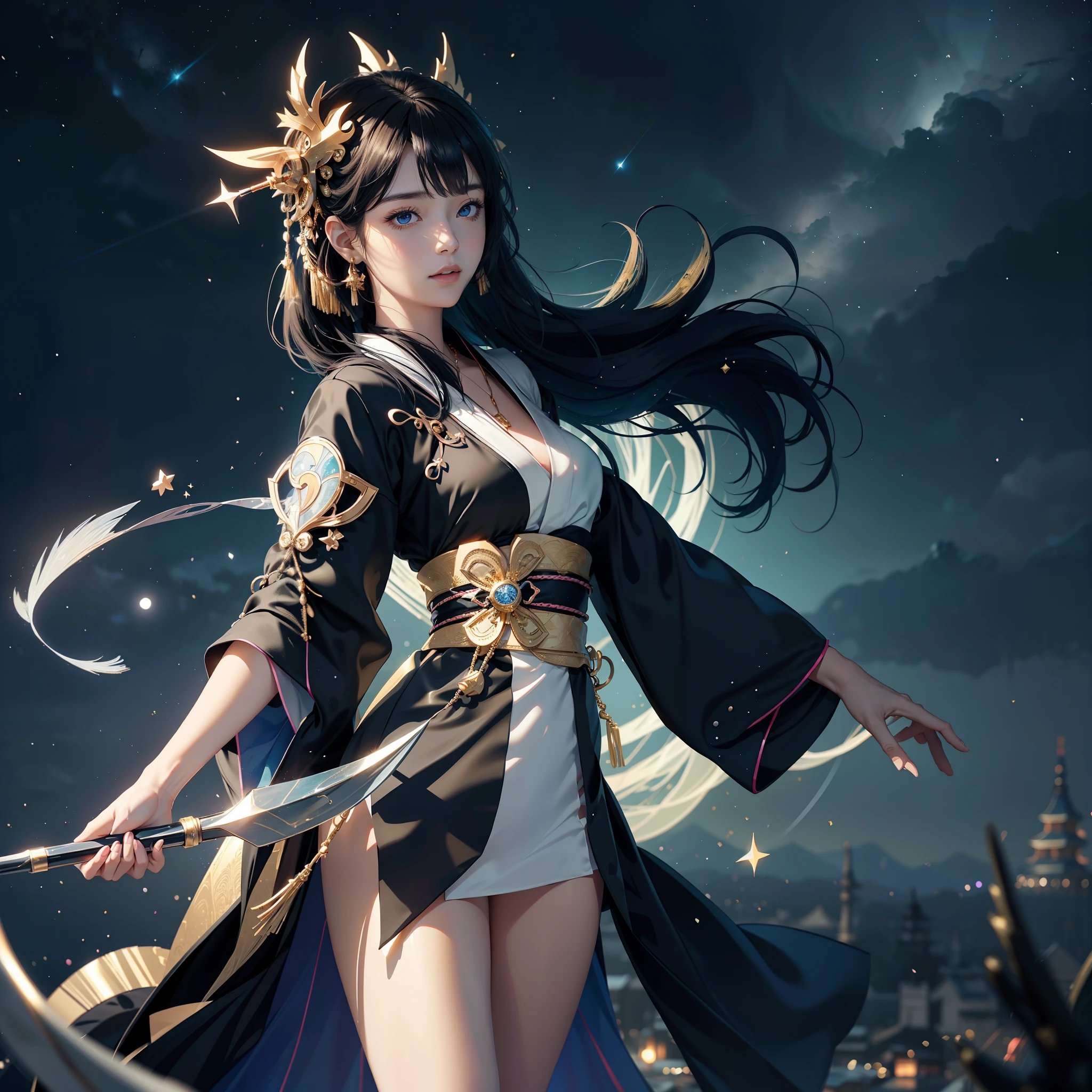 female mage invoking with magical backgrounds,japanese town