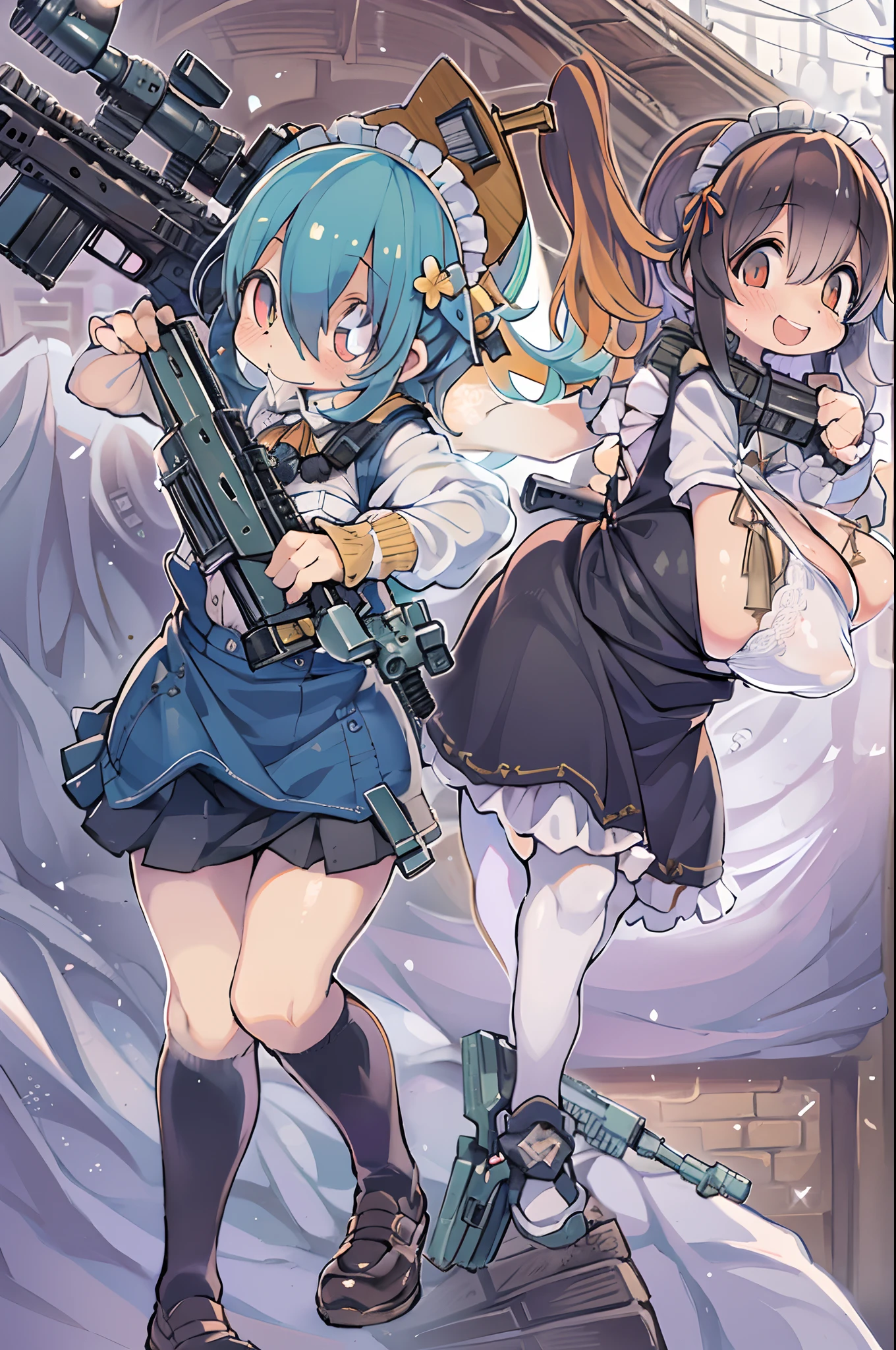 masutepiece, Best Quality, 1girl in, Empty eyes, Utsurome, maid, Smile,a child girl,Lori,(((Huge assault rifle)))