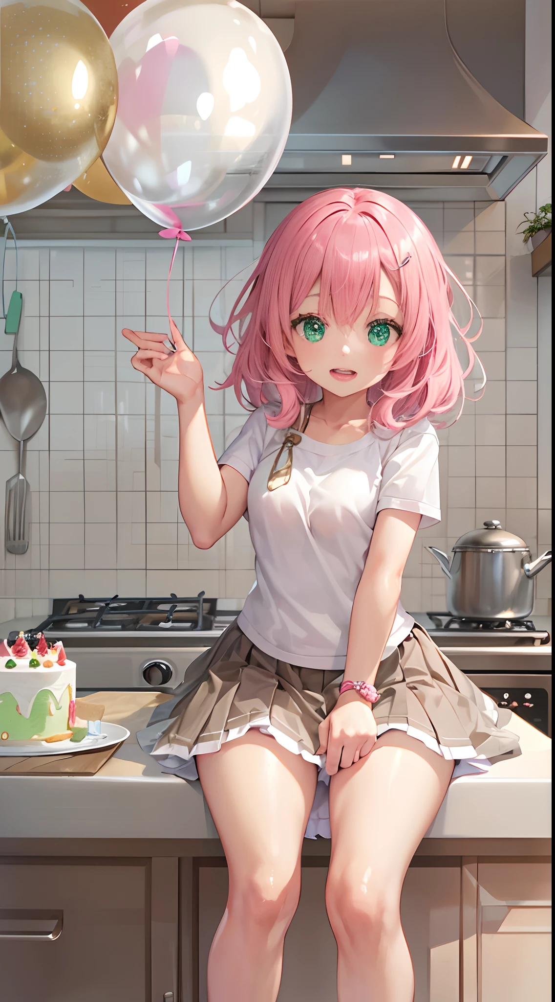 beautiful illustration、top-quality、 s、Kitchen、A pink-haired、length hair、(((pleated skirt)))、shortsleeves、huge tit、Flipping up the skirt with your hands、Show white panties、Pull up your skirt and show your panties、bare-legged、green eyess、zoom out, in the kitchen、lovely thighs、glowing thigh, NSFW, having a birthday party, in the Kitchen, with lots of balloons behind her, and with a birthday cake. in the Kitchen