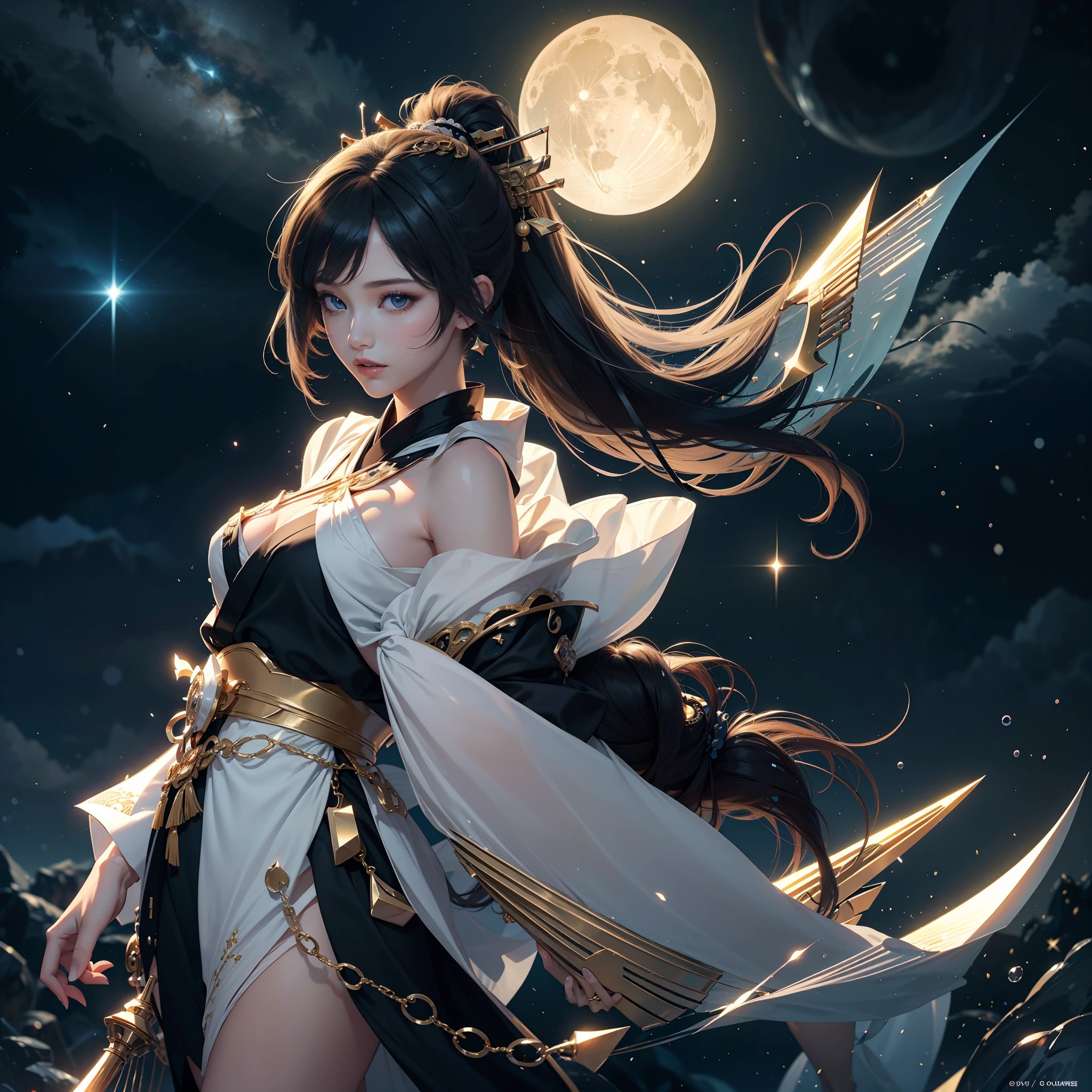night sky, luminous particles, night star,watching at viewers、Ancient capital and moon in the background、{{{Create top-quality 2D graphics for winter RPG views, Features bright colors of the starry sky.}}}、poneyTail、glossy dark hair、cute  face、Teenage Japan、{{{Luxury kimono(Black kimono(Detailed golden embroidery,))}}}、face perfect,Depict a beautiful and graceful woman of Japan。Heart in the eye。full body Esbian。 Beautiful anime art wallpaper 8k, beautiful fantasy anime, Beautiful anime, Detailed anime artwork.Blur the background with a sickle,((masutepiece)), ((Best Quality))