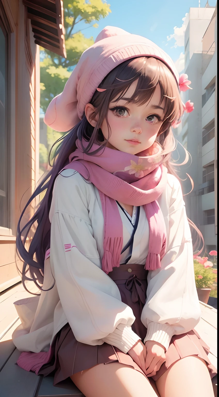 Anime girl sitting on rooftop，A scarf is worn on his head，A flower stuck in his hair, a beautiful anime portrait, Cute anime girl, Kawaii realistic portrait, Cute anime girl portrait, Beautiful anime girl, portrait of cute anime girl, pretty anime girl, anime visual of a cute girl, portrait anime girl, realistic anime artstyle, Anime style. 8K, Realistic young anime girl