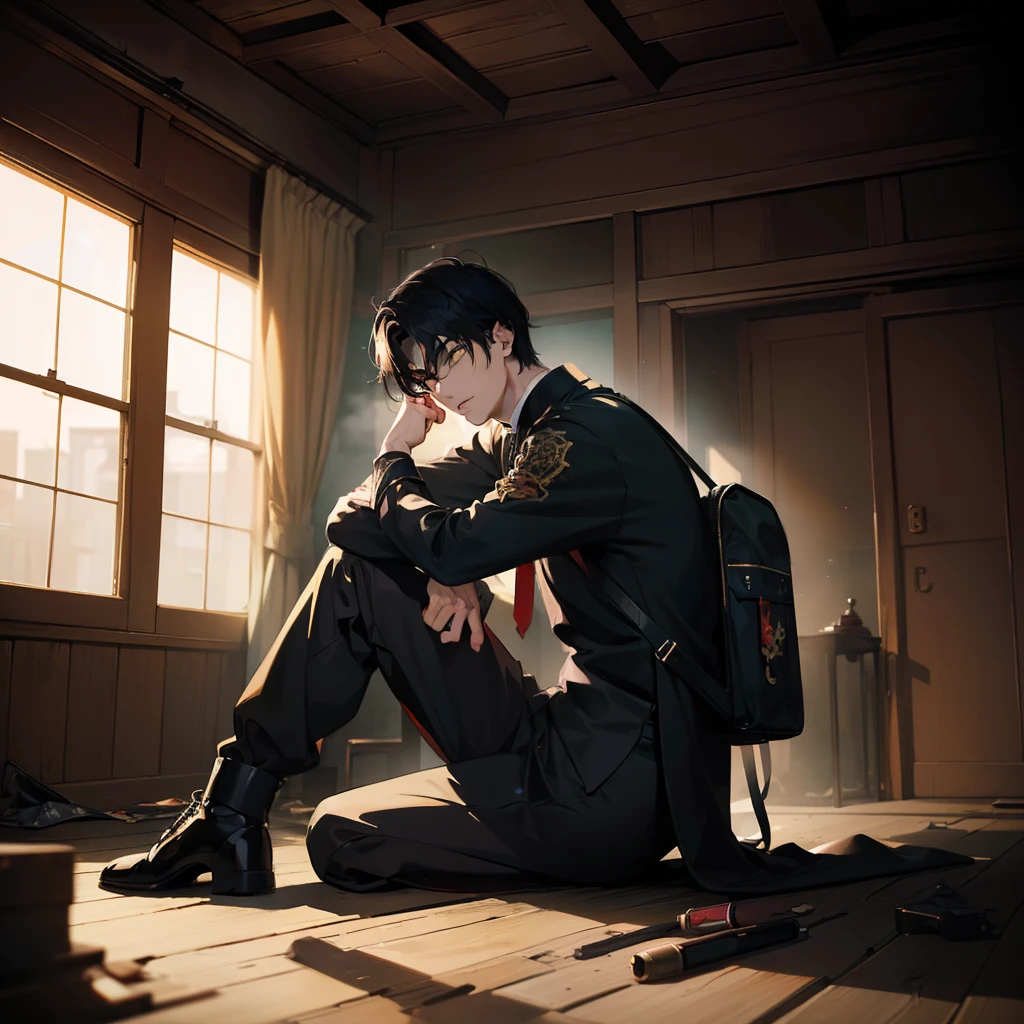 (absurderes,A high resolution,ultra - detailed,hdr),tmasterpiece,best qualtiy,Aki Hayakawa,Dim Room,A boy with,sad expressions,cabelos preto e longos,bloodstains on clothes,wound on the chest,lying on floor