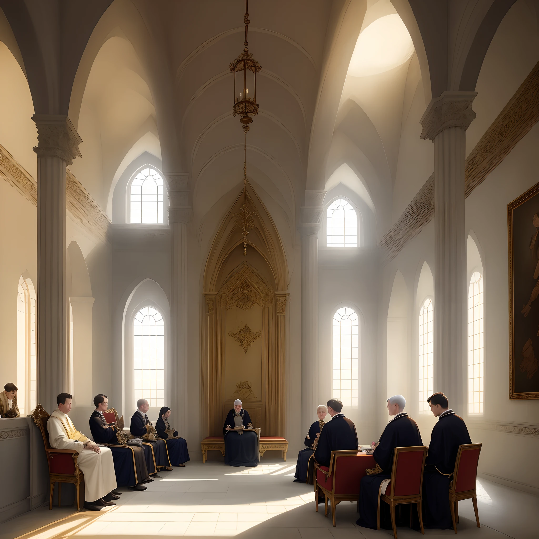 6 priests sitting in a well-furnished palace hall