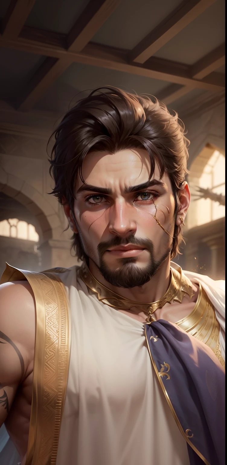 Make background like a prince of persia's game change clothes remove beard and make a sharp chin face smart boy realistic