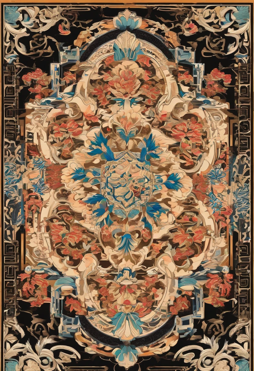 chinoiserie pattern，Gorgeous lotus pattern on a square plate，Elegant traditional Chinese pattern tiles，Fine line decoration，tang dynasty，The art of embroidery，Oriental fabric design，tondo，symmetrical arrangements，Han dynasty，Visual harmony，Primerless canvas，best qualityer，finedetail，8K