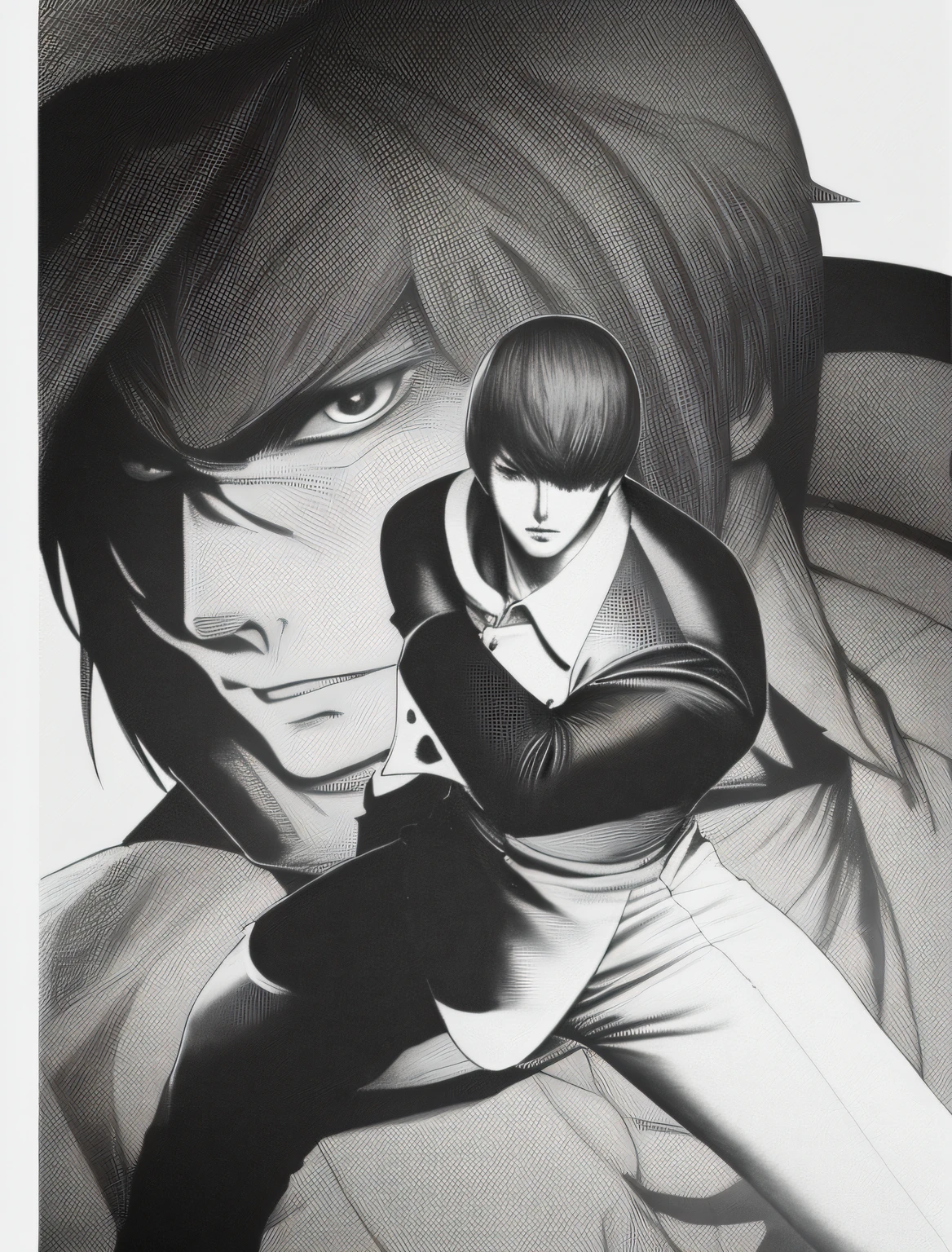 tmasterpiece，best qualityer，Yagami-an，1boys,red tinted hair，Black and white top，Red pants，musculature，fit and muscular body，Blue Flame，king of fighters style，Fighting stance