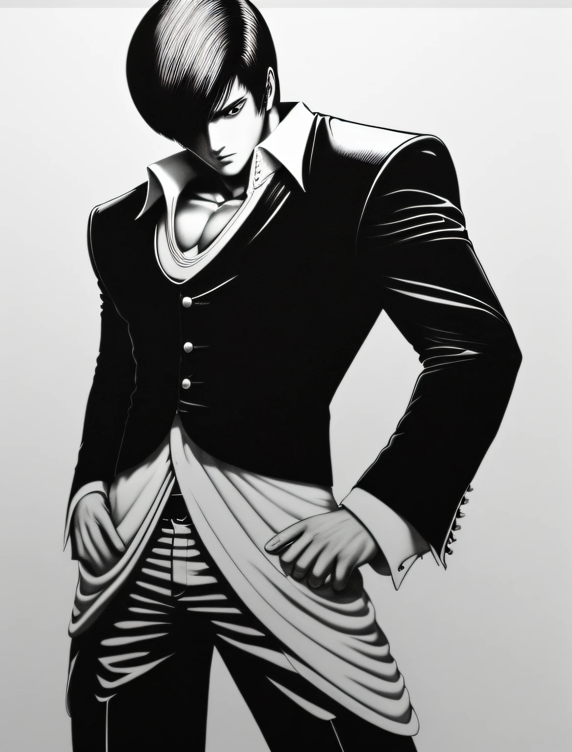 tmasterpiece，best qualityer，Yagami-an，1boys,red tinted hair，Black and white top，Red pants，musculature，fit and muscular body，Blue Flame，king of fighters style，Fighting stance